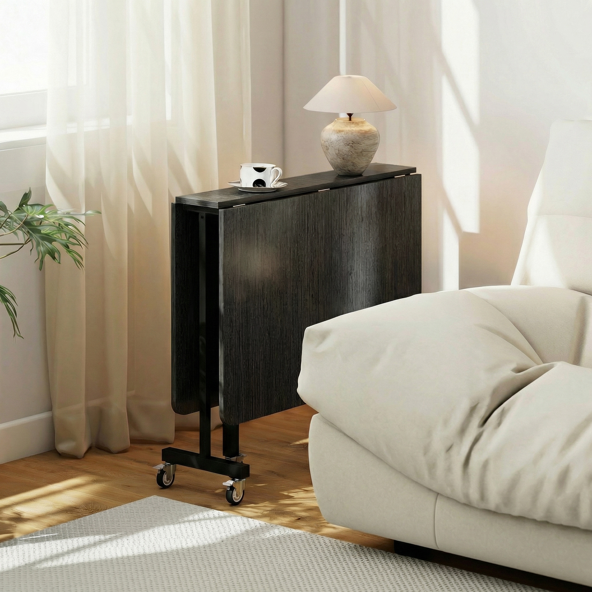  Masa de Dining Pliabila, Masa de Bucatarie Rabatabila cu Roti si Frane pentru 4-6 Persoane, Masa Compacta cu Structura din Otel, 120x80x73 cm, Negru cu Efect de Lemn [8]