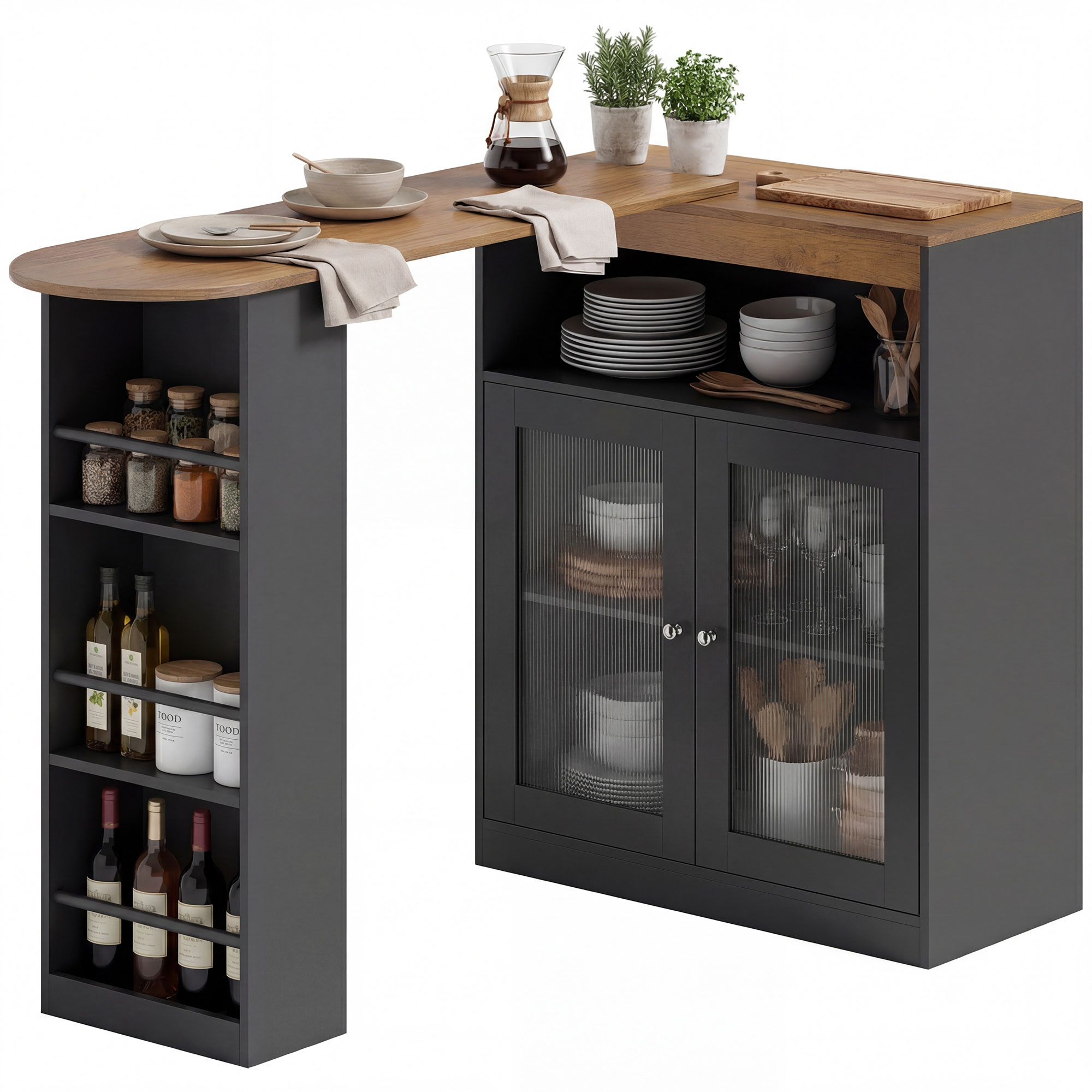 HOMCOM Table de Bar Extensible et Pivotante 90° avec Étagères Ouvertes et 2 Portes en Verre 150x80x105,5 cm Noir et Bois Naturel