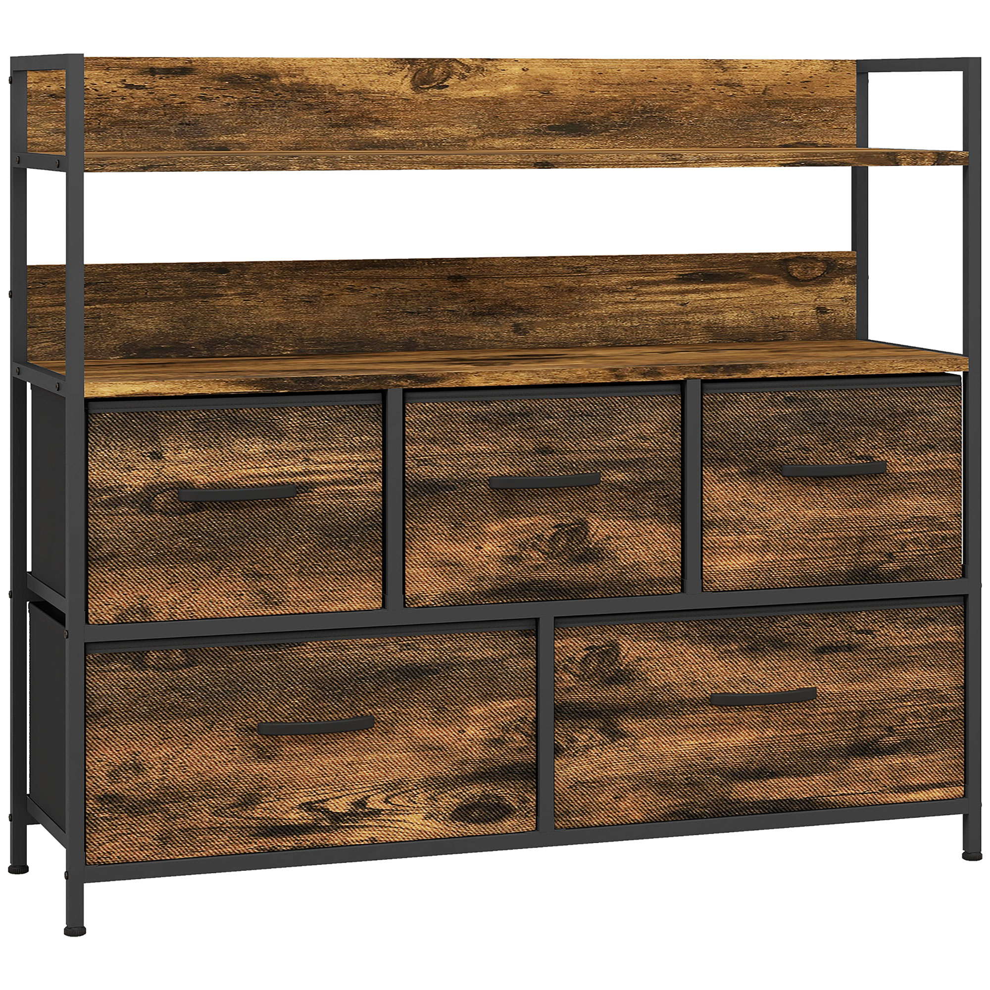 HOMCOM Cómoda, mueble de almacenamiento, 5 cajones de tela plegables y extraíbles y estantes, 98 x 29 x 85 cm, marrón rústico   Aosom España