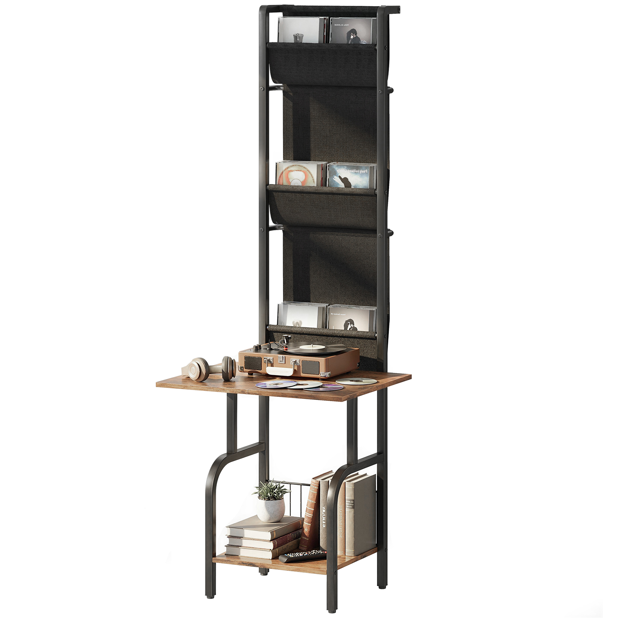 Étagère CD industrielle, rangement CD, support DVD avec 3 pochettes en tissu et plateau, aspect bois rustique brun