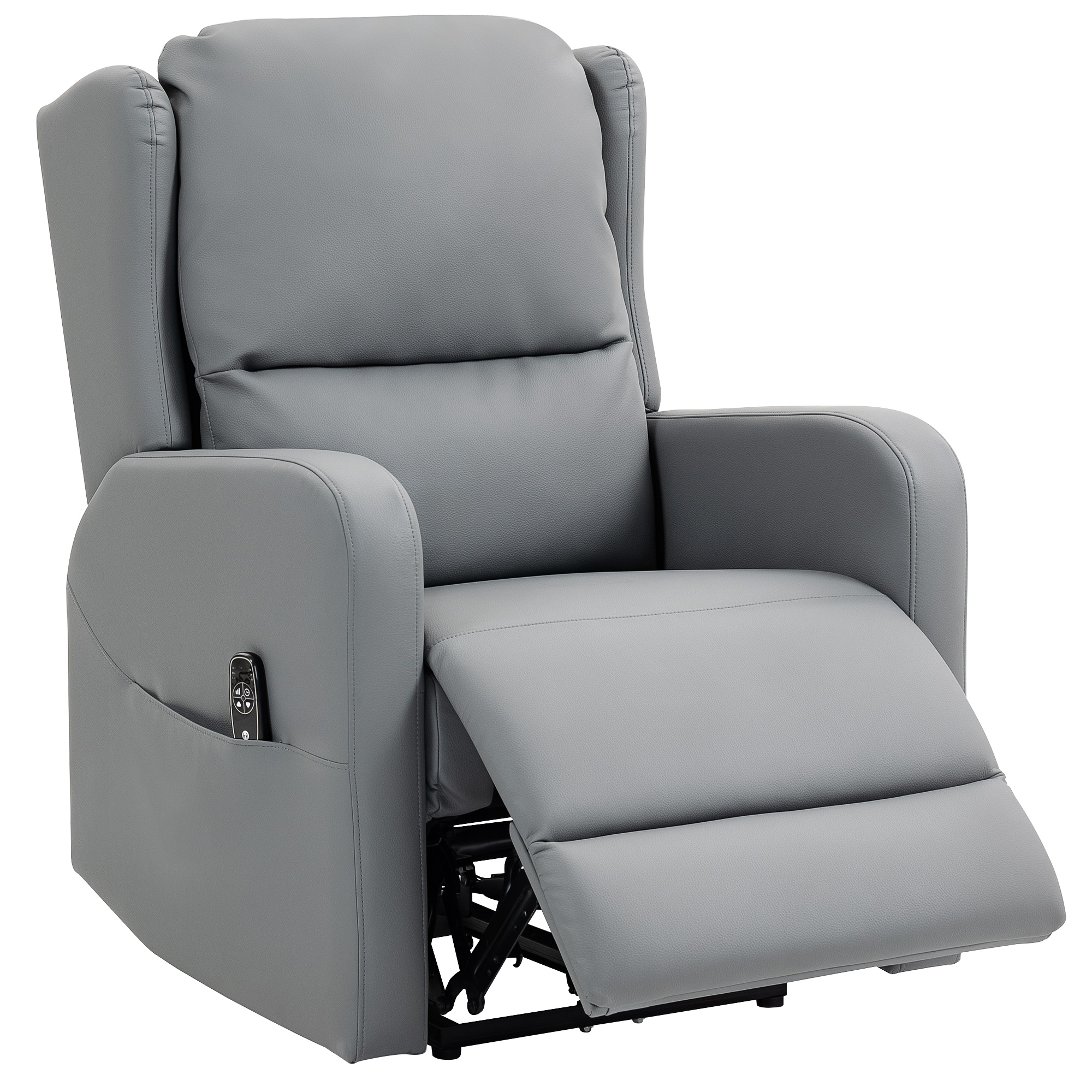 HOMCOM Sillón masajeador con función de reclinado, cuero sintético, ajustable eléctricamente, reposapiés, bolsillo lateral, armazón de acero, gris