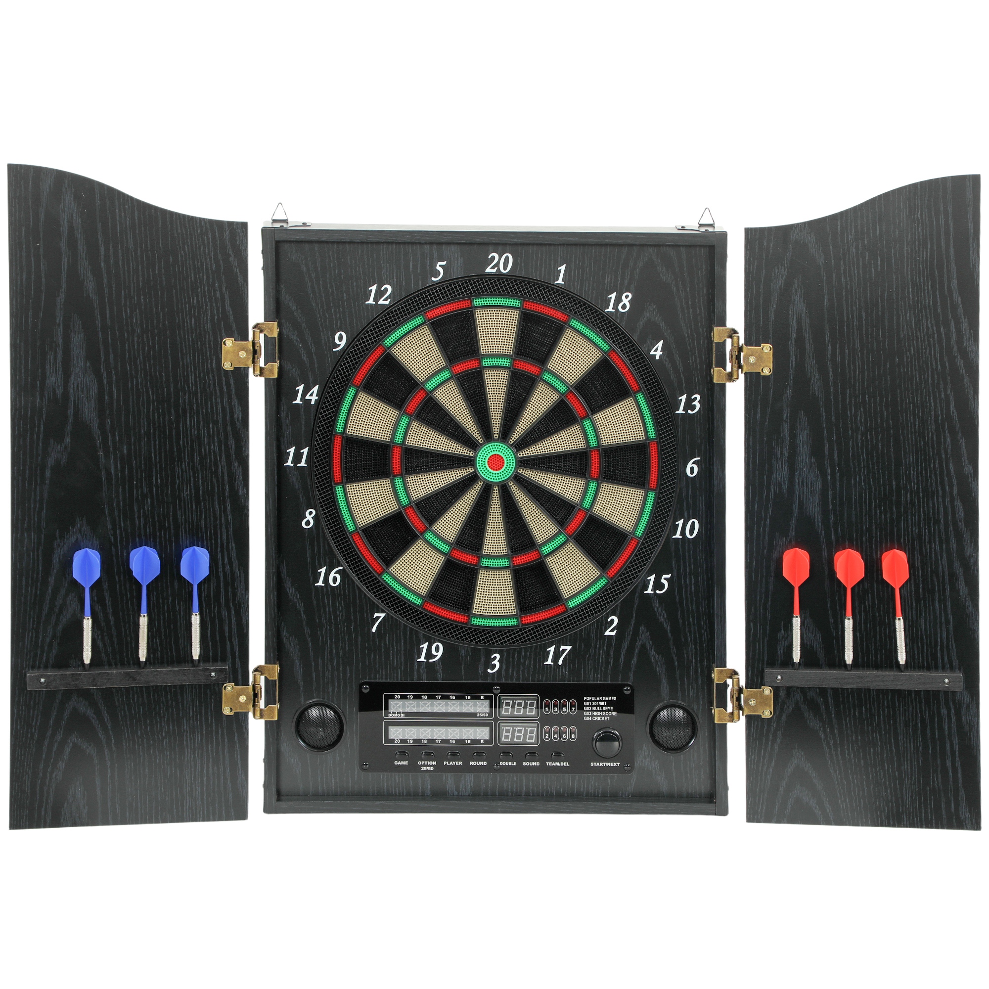 SPORTNOW Cible électronique E Dartboard avec portes effet bois affichage LED annonces vocales 6 fléchettes, 24 pointes de rechange