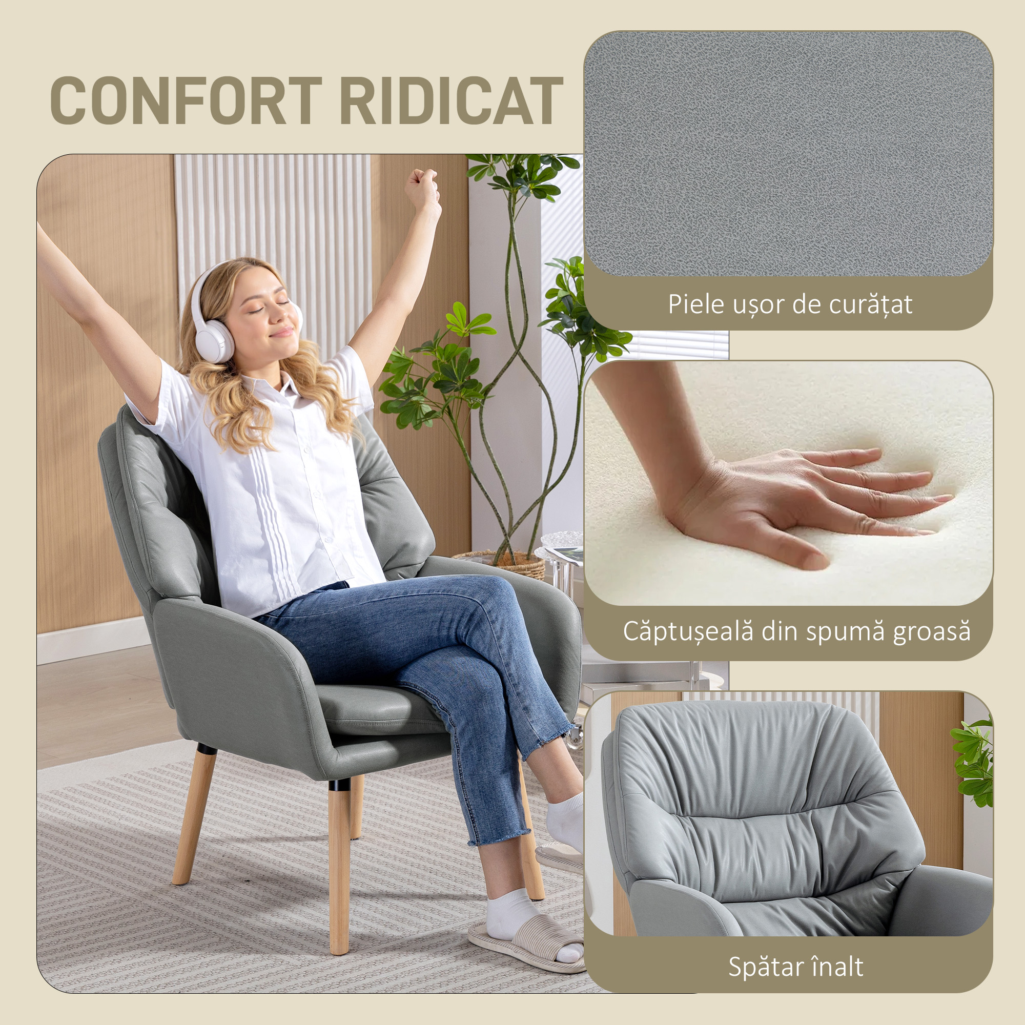  Fotoliu Modern pentru Camera cu Spatar inalt si Tapiterie Dubla, Material cu Efect de Piele, Gri [3]