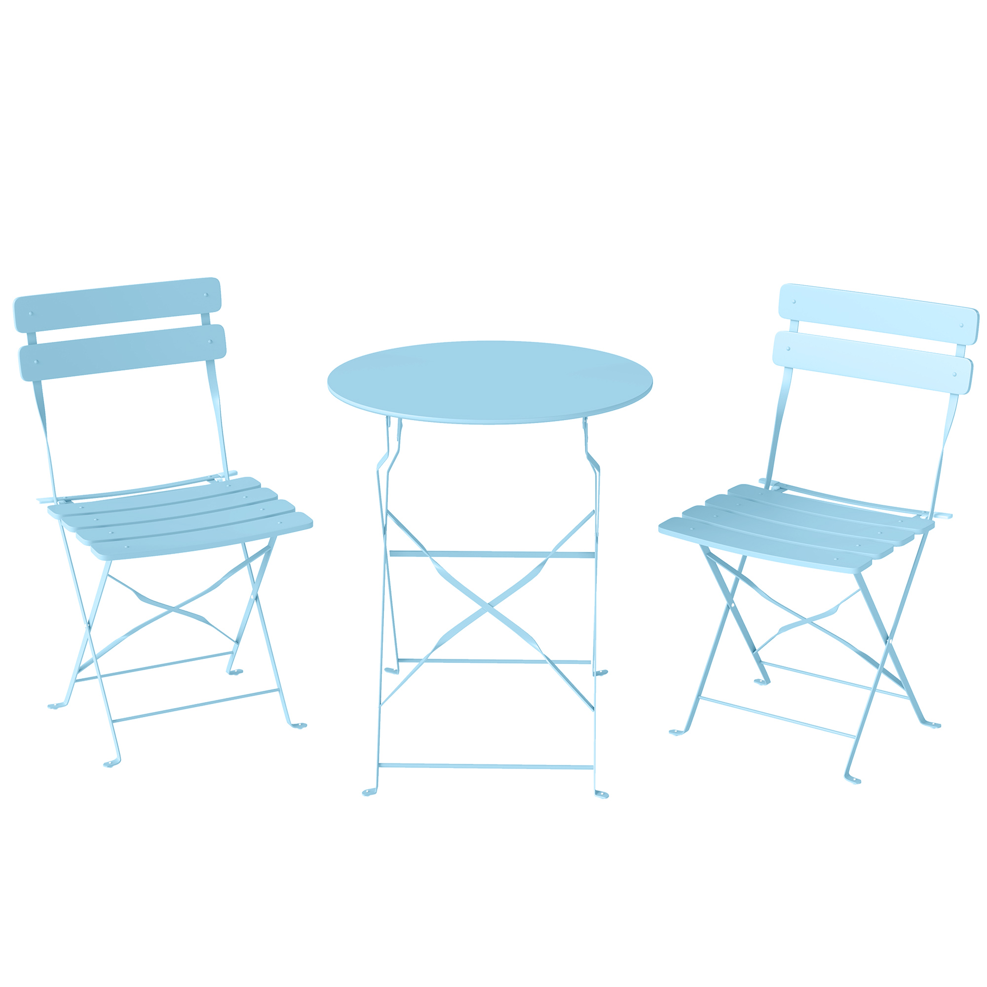 Outsunny Set bistró de jardín 3 piezas plegable Mesa bistró con 2 sillas Asiento de lamas Patas dobles en X Azul claro