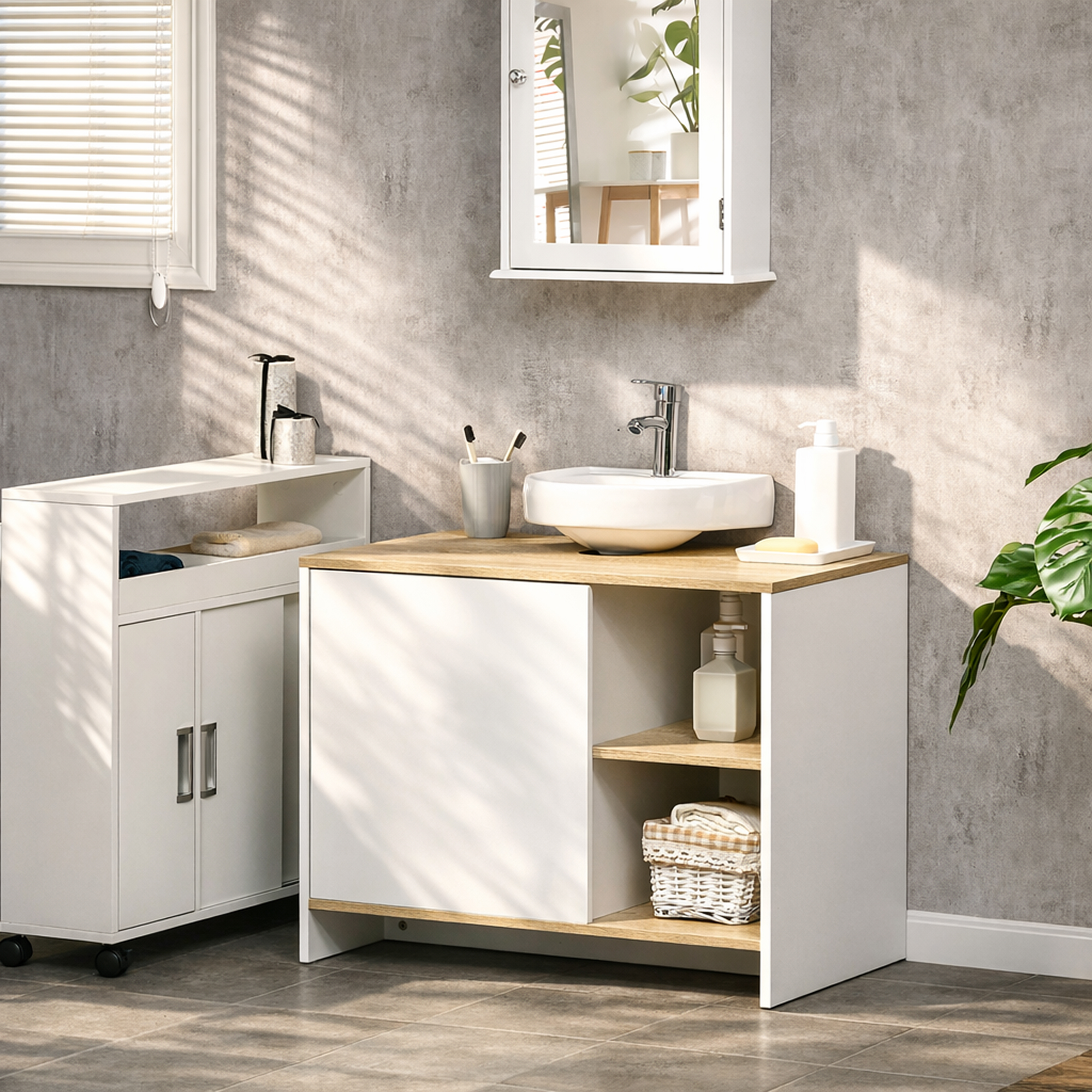  Dulap pentru lavoar pentru baie, 77x45x60cm, alb si culoarea lemnului [1]