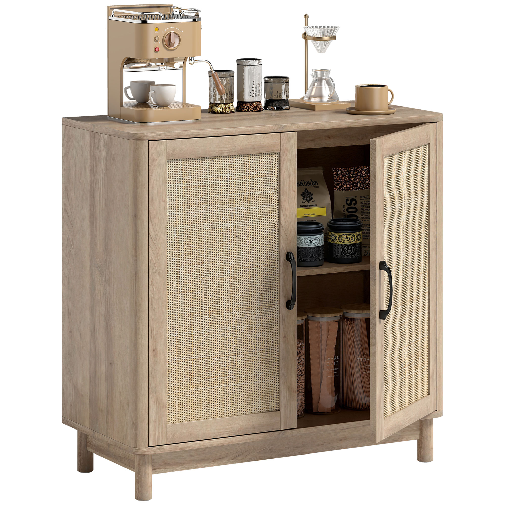 Credenza Buffet In Stile Mid-Century Con Ante In Rattan - Mobile Da Cucina O Soggiorno, Rovere, 76 Cm - 2