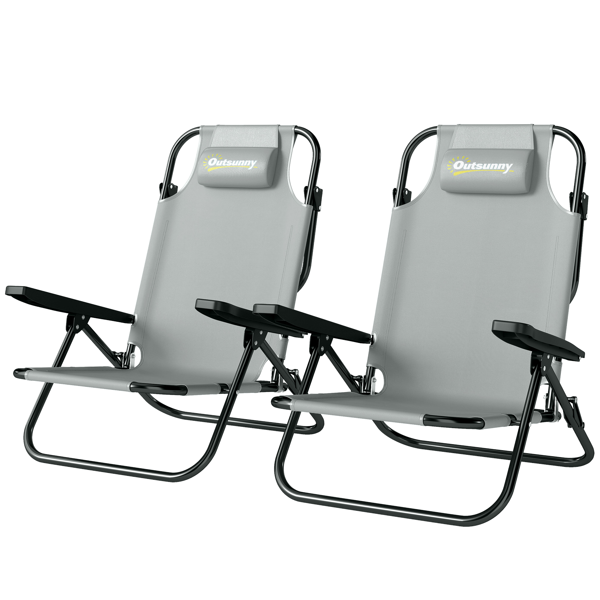 Outsunny Lot de 2 chaises de camping portables, pliantes pour la plage, dossier réglable, Gris clair. Outsunny Lot de 2 chaises de camping portables, pliantes pour la plage, dossier réglable, Gris clair.