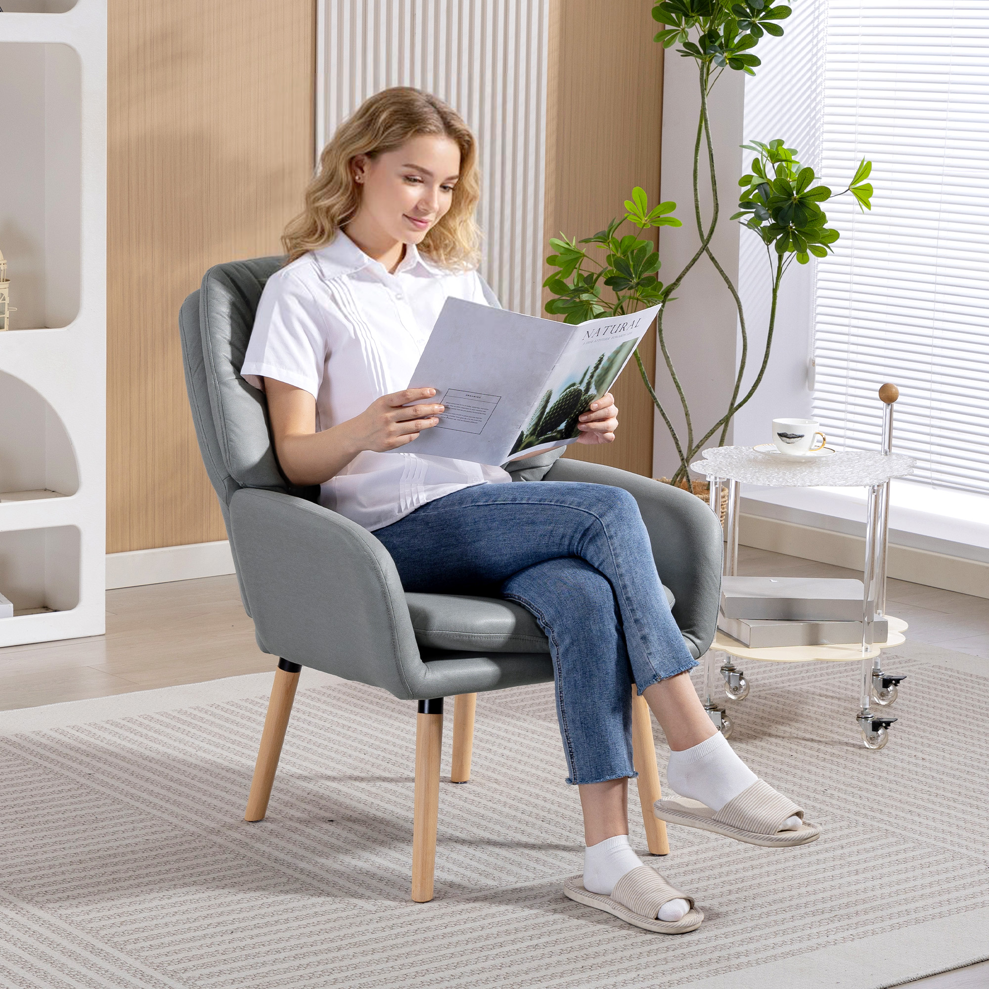  Fotoliu Modern pentru Camera cu Spatar inalt si Tapiterie Dubla, Material cu Efect de Piele, Gri [6]