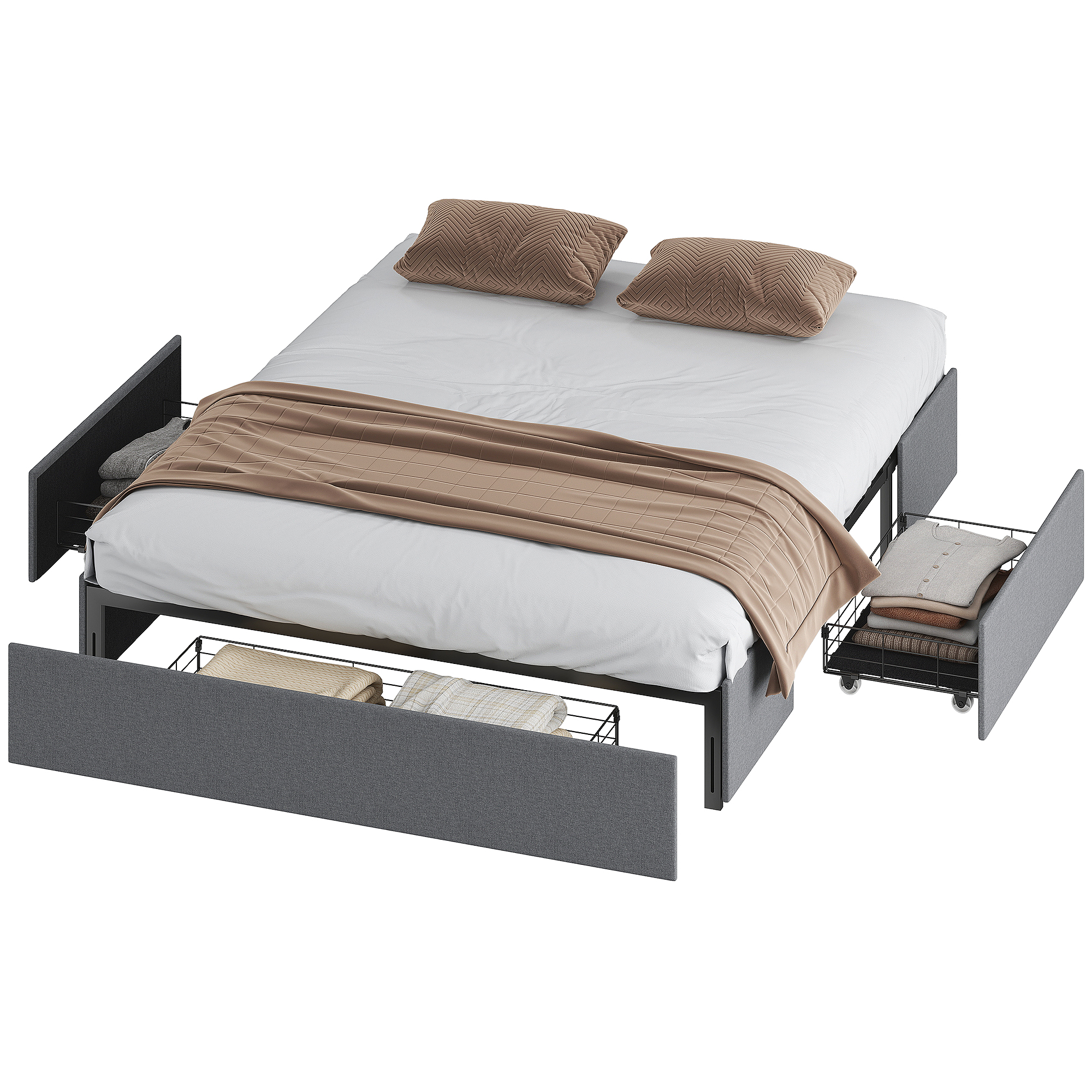 HOMCOM Structure de Lit Double à Lattes avec 3 Tiroirs, en Bois, Polyester et Métal, 165x193x30 cm, Gris