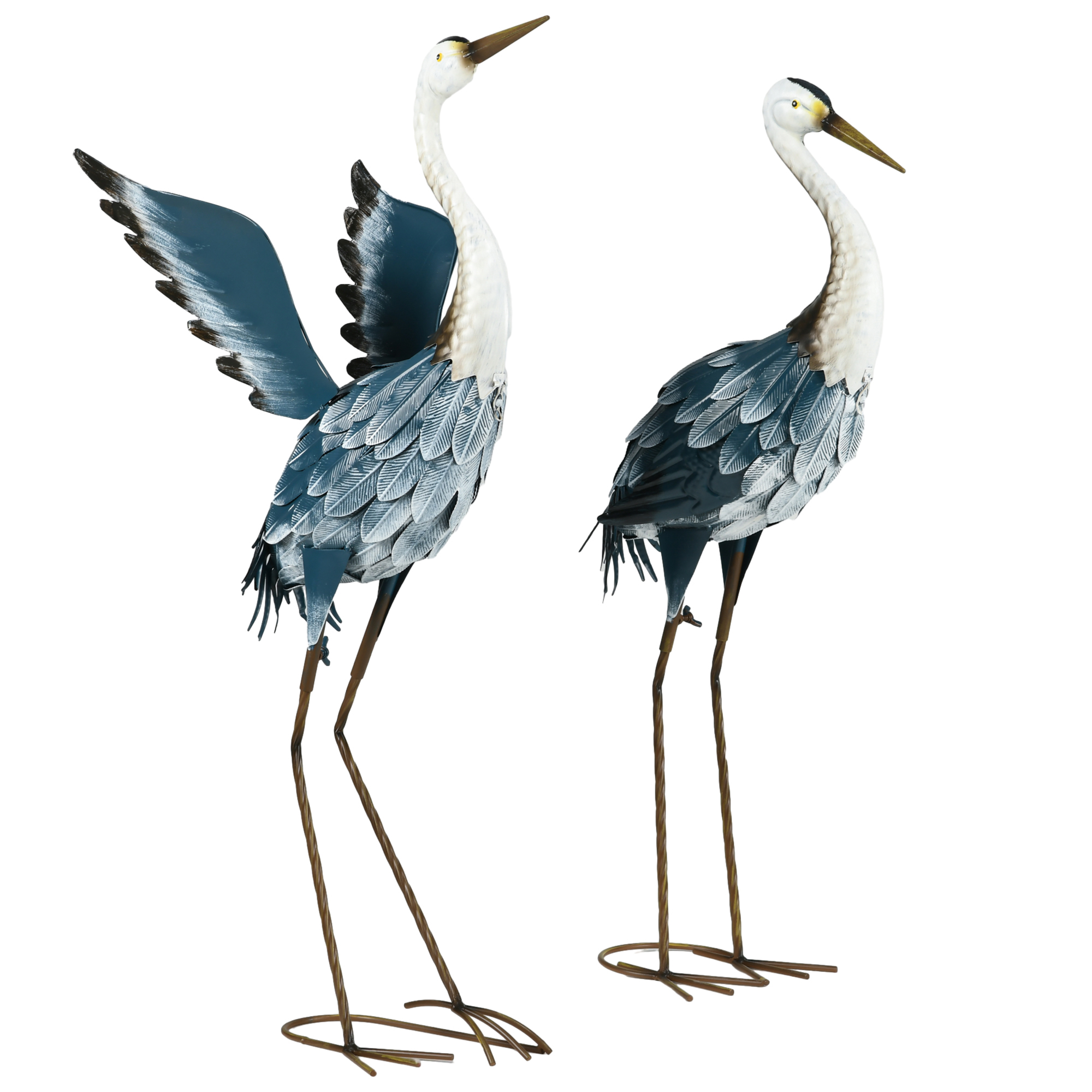 Outsunny Pack de 2 estatuas de jardín exterior escultura de garza en acero para estanque, patio, terraza, césped, 74/70cm multicolor
