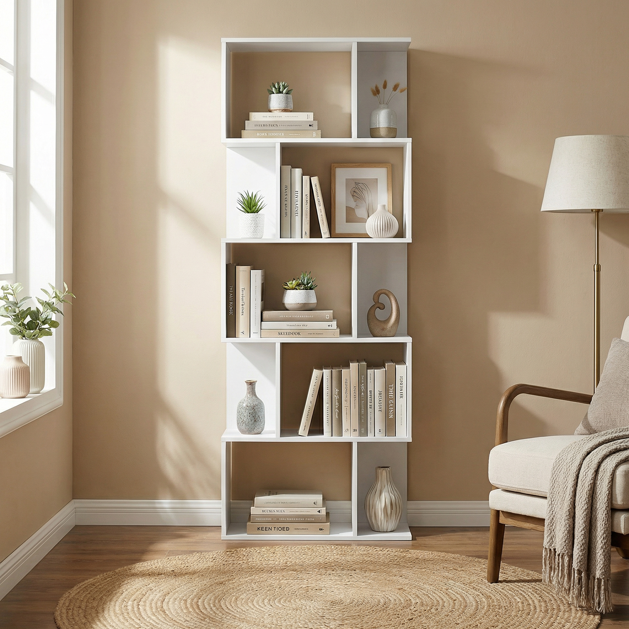  Raft pentru Carti cu 5 Rafturi Separate, Biblioteca in Forma de S din Lemn, 60x24x184,5 cm, Alb [1]