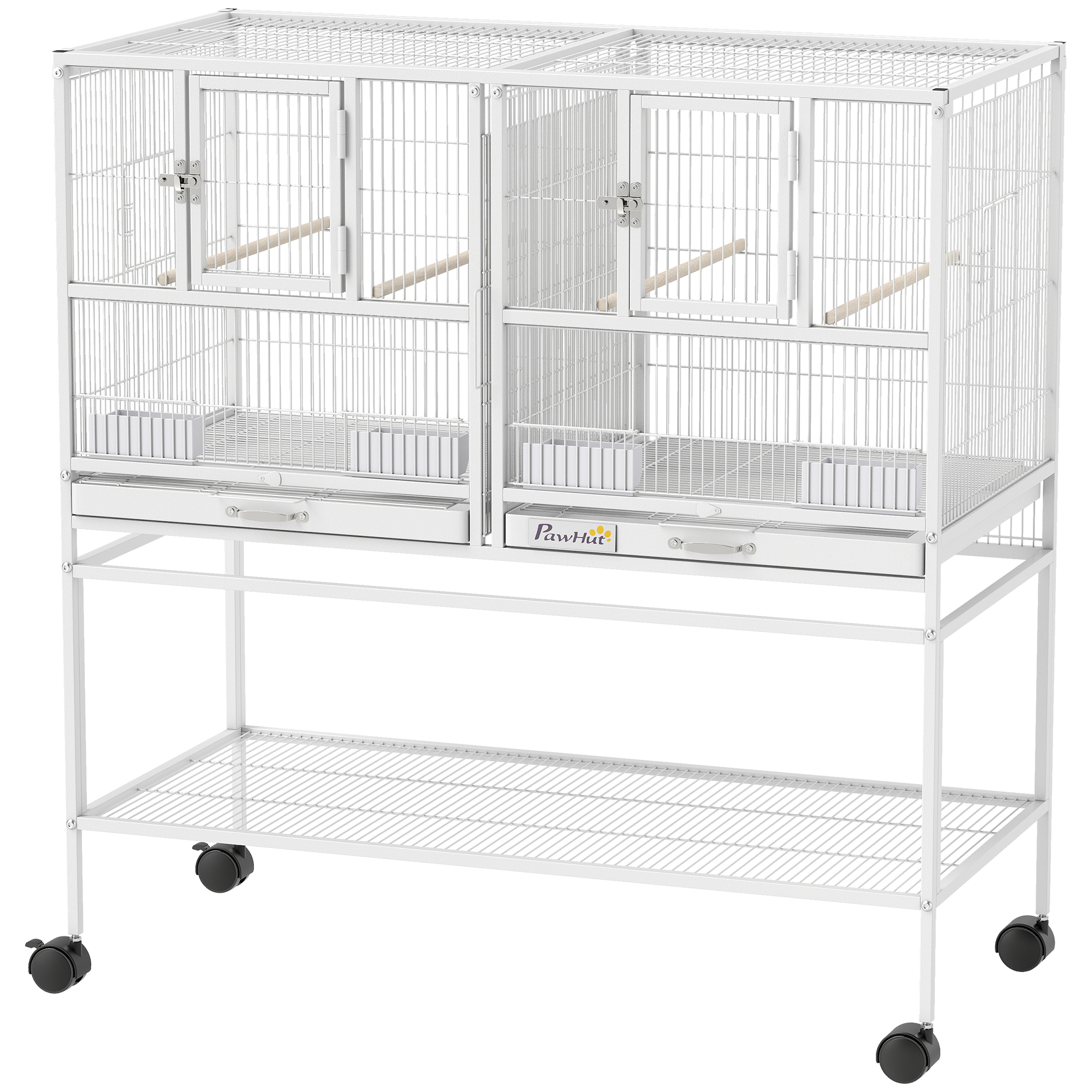Comparer les prix de PawHut Cage pour oiseaux Grande avec séparateur Roulettes 4 mangeoires 4 perchoirs Étagère 2 plateaux amovibles 95x45,5x102 cm Blanc