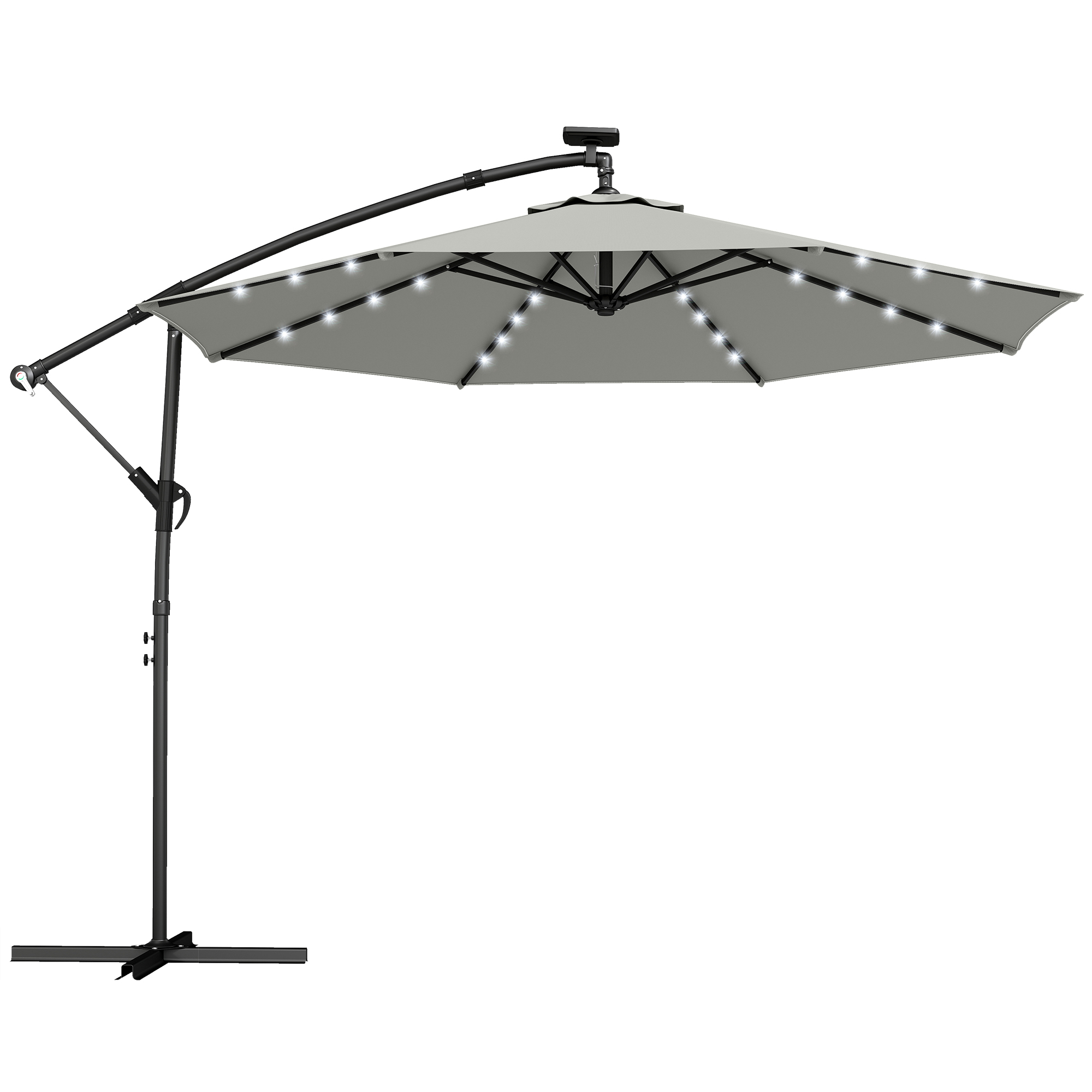 Outsunny Umbrelă cu braț lateral LED Solar aprox. Ø300 cm Rotativă Umbrelă de soare cu manivelă Suport Husă de protecție Gri deschis | Aosom Romania