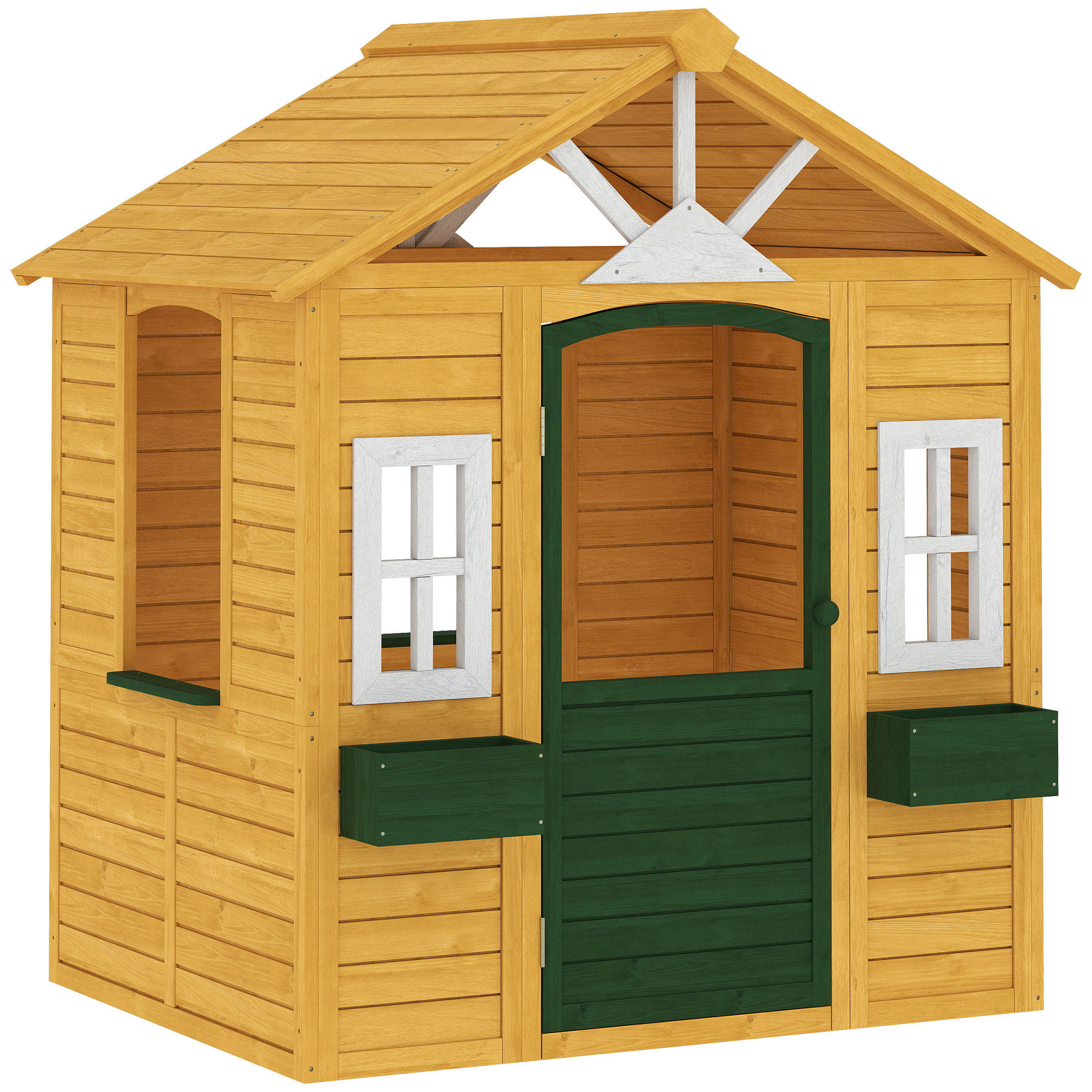 AIYAPLAY Casa de Brincar Infantil Madeira Casa de Jardim Exterior com Porta 3 Janelas 2 Floreiras para Crianças de 3-8 anos 134,5 x 97 x 150 cm