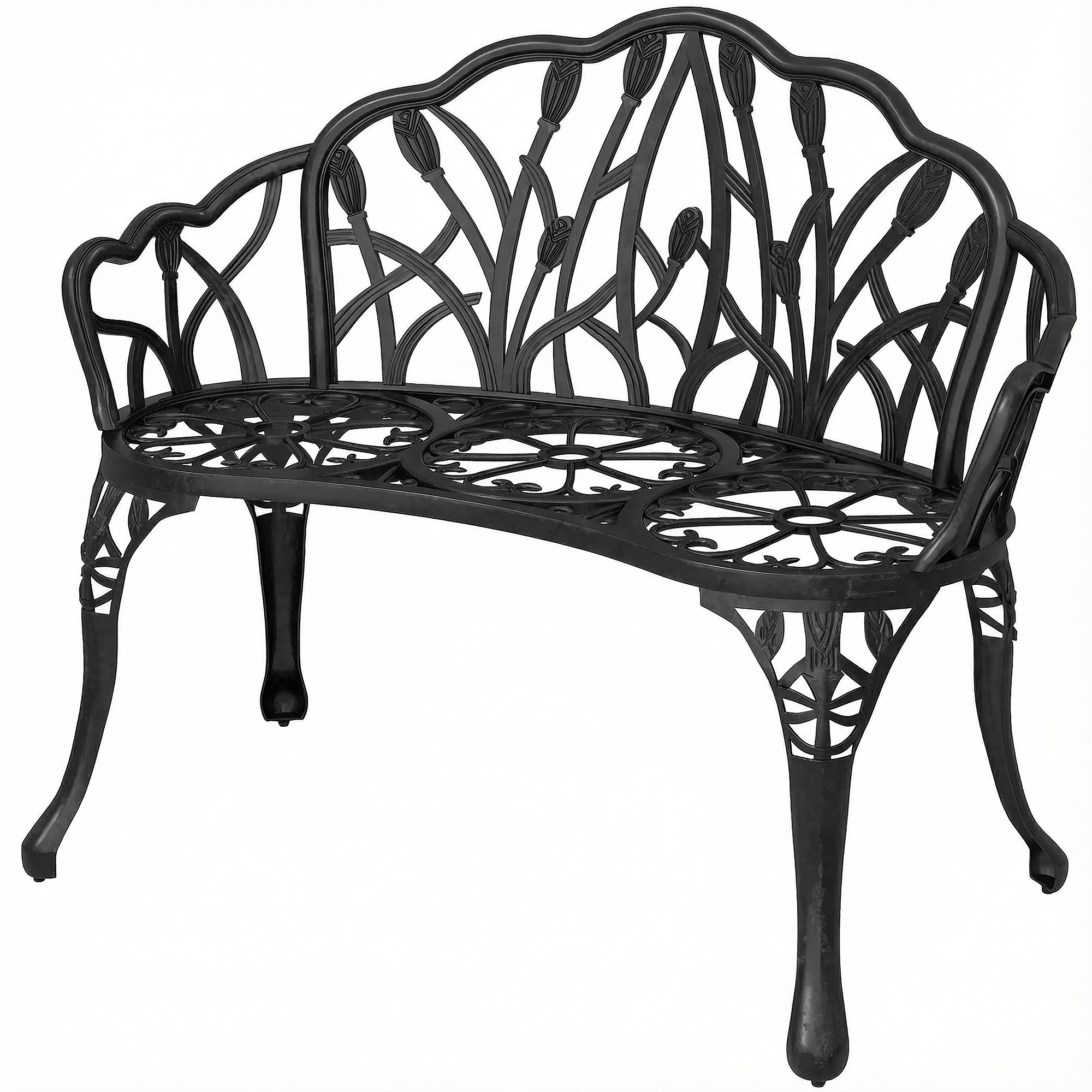 Outsunny Banc de jardin 2 places Aluminium moulé résistant aux intempéries Banc d'extérieur avec dossier tulipes motif fleurs 99 x 57 x 78 cm