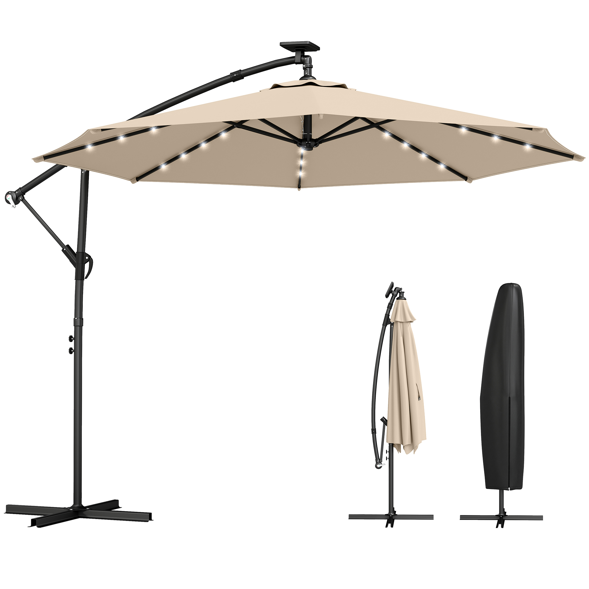 Outsunny Parasol déporté LED solaire env. Ø300 cm pivotant avec manivelle, pied et housse de protection Beige