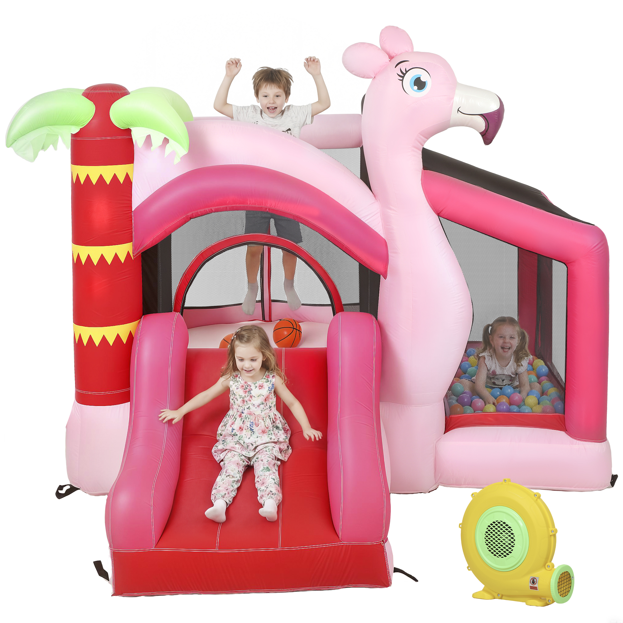 AIYAPLAY Château gonflable pour enfants avec gonfleur toboggan trampoline piscine à balles panier de basket 255x230x196cm
