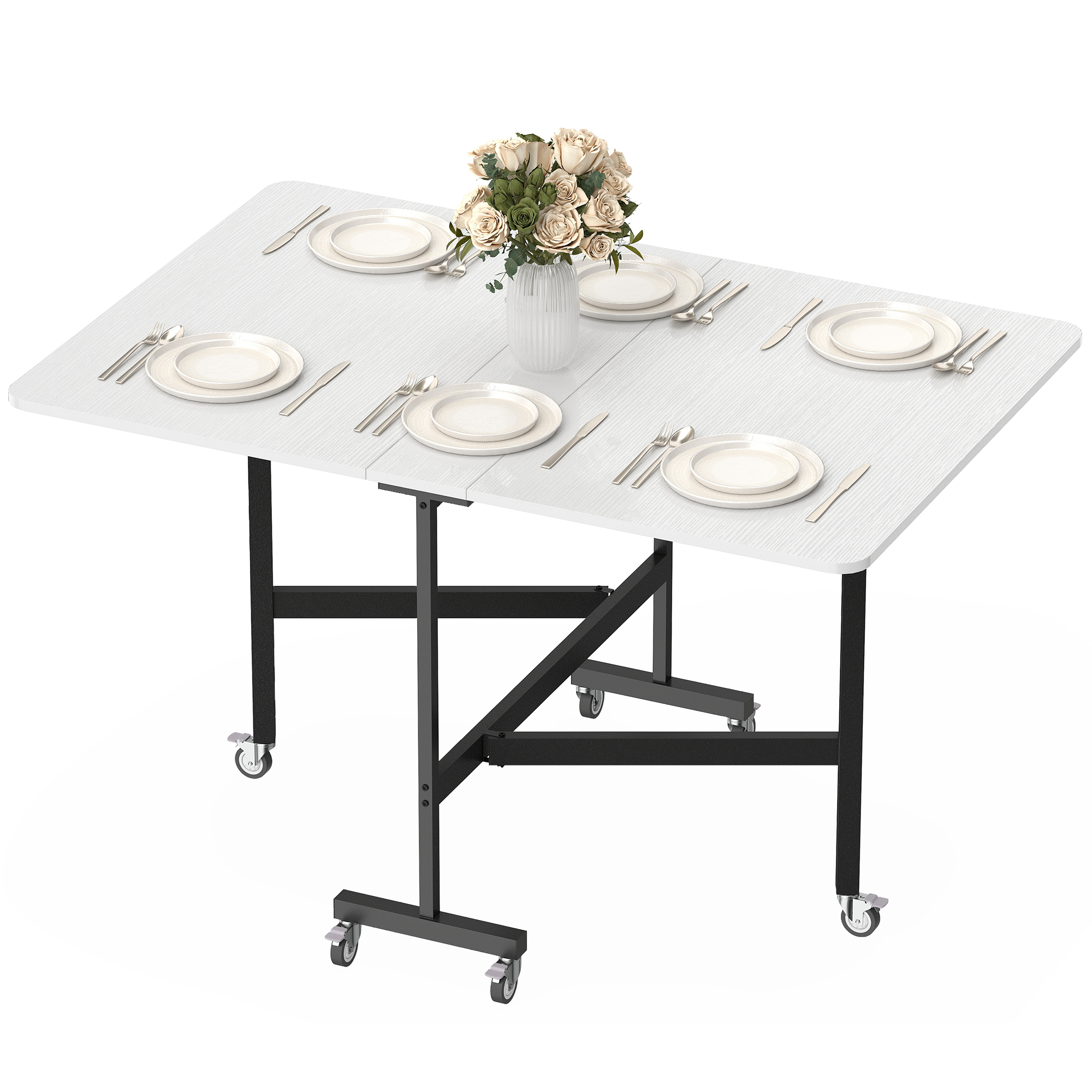 HOMCOM Table pliante mobile avec 6 roulettes et freins, table de cuisine pliante pour petits espaces, Weiß