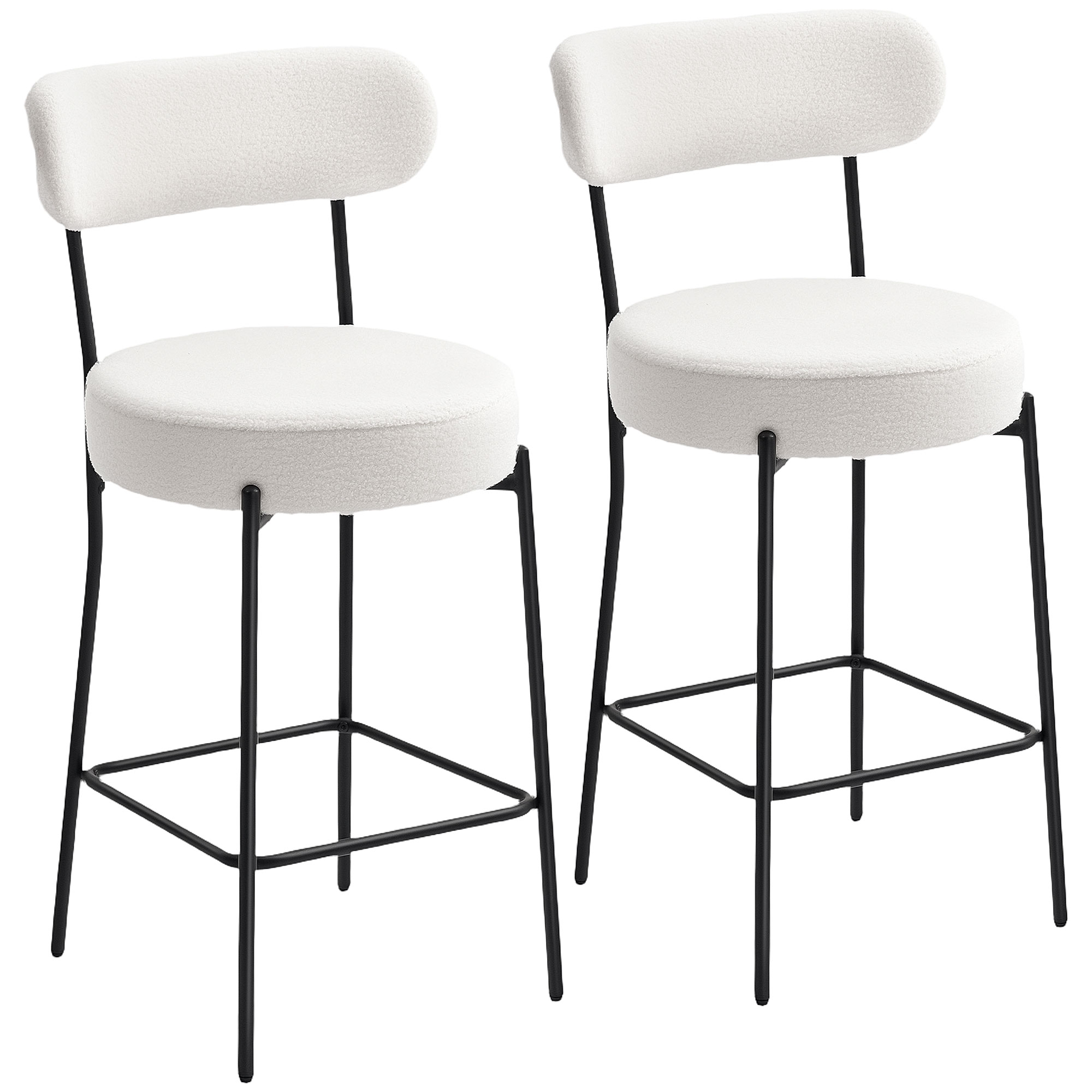 HOMCOM Lote de 2 taburetes de bar en tejido bouclé, taburetes de bar con respaldo curvado, reposapiés, 49x52x95cm, crema
