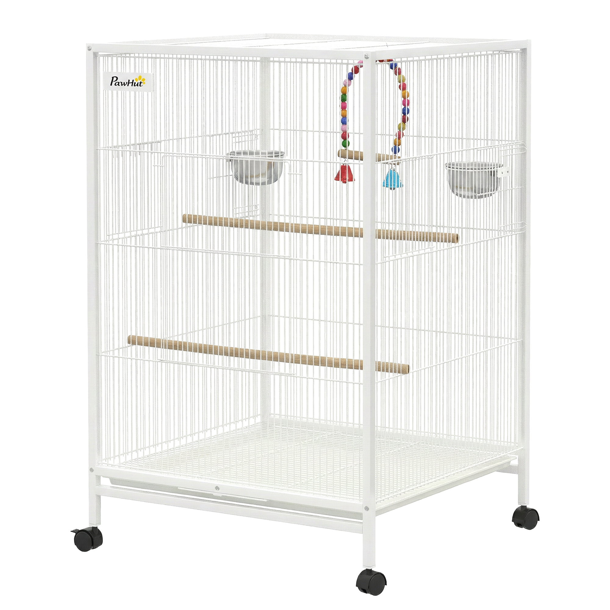 Comparer les prix de PawHut Cage pour oiseaux sur roulettes avec mangeoires, perchoirs, balançoire et plateau amovible 48x46x78 cm Blanc