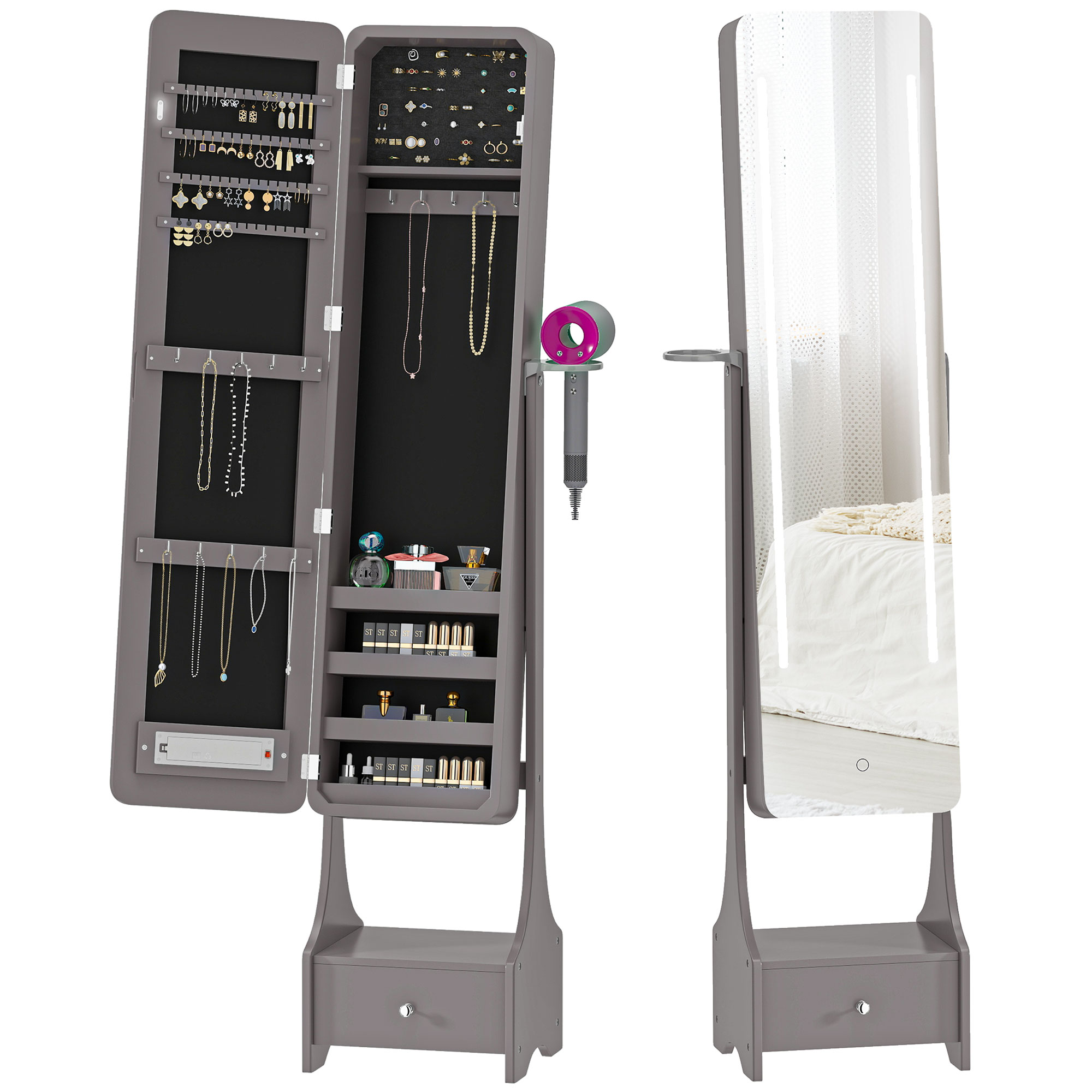 HOMCOM Miroir à bijoux avec LED Armoire à bijoux avec miroir pleine longueur angle réglable tiroir extinction automatique Gris