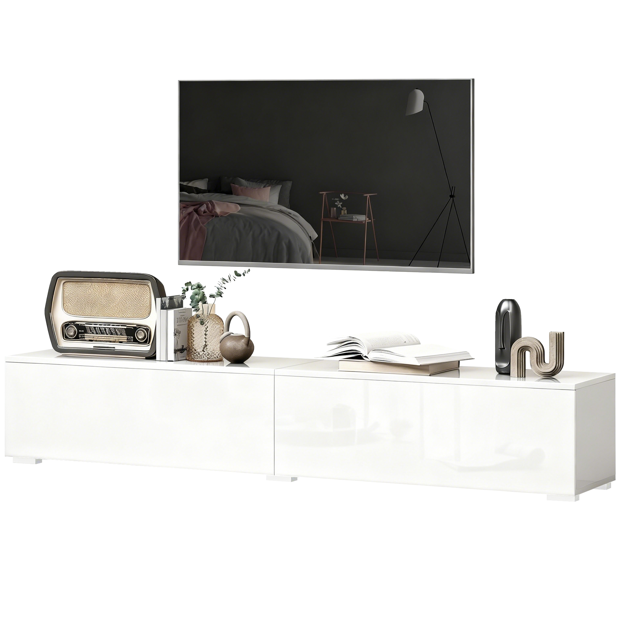HOMCOM Meuble TV suspendu jusqu'à 190.5 cm avec portes à pression, 180x33x30 cm, Blanc laqué