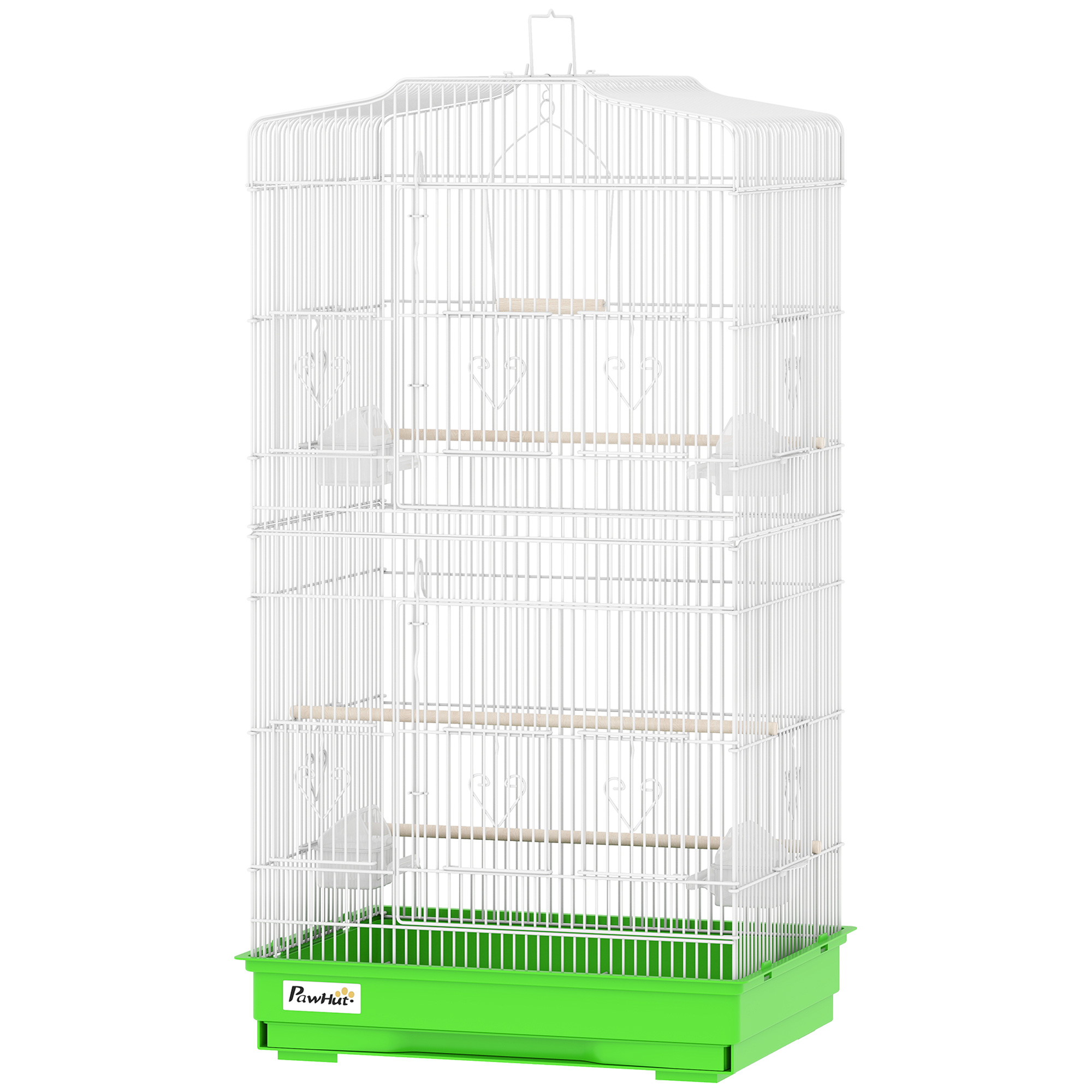 Comparer les prix de PawHut Cage pour Oiseaux Volière Métallique avec 4 Mangeoires, 3 Perchoirs, Balançoire et Tiroir Amovible, Poignée, 46,5x35,5x92 cm, Vert