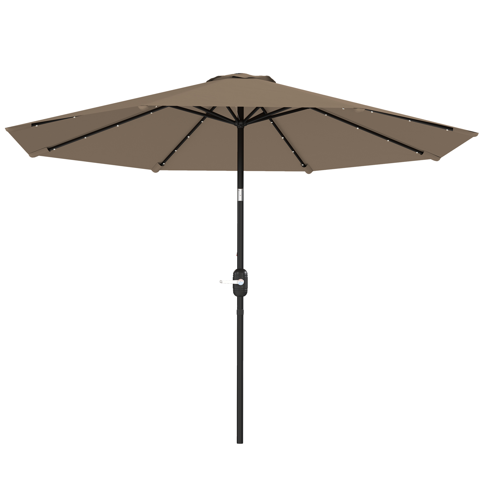 Outsunny Parasol de Jardin Ø265 cm avec 32 LED solaires, manivelle et mât en acier pour patio terrasse Kaki