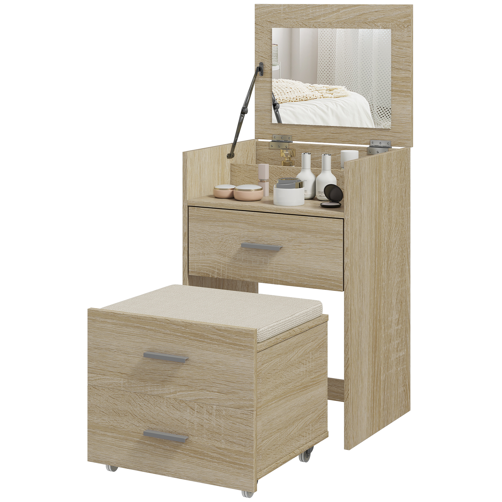 HOMCOM Poste de maquillage Coiffeuse avec miroir rabattable, naturel