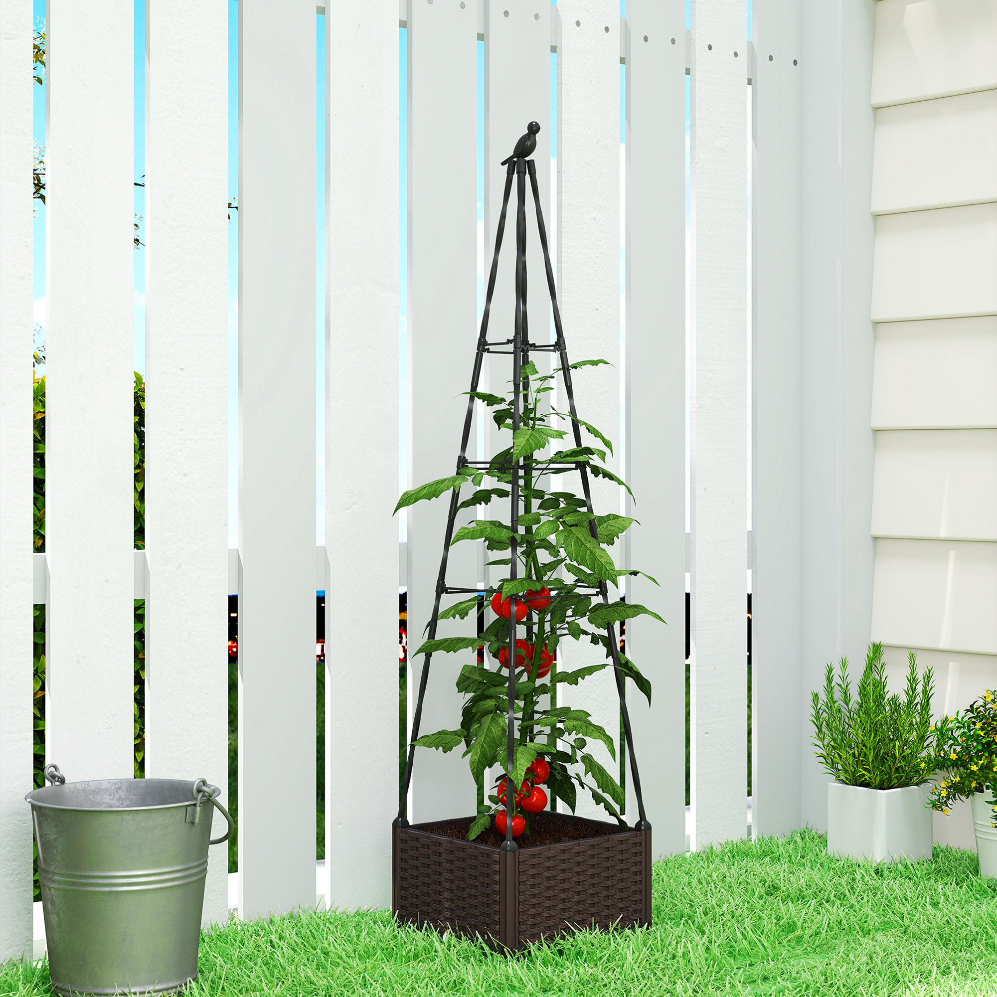 Outsunny Fioriera Rialzata Con Griglia Metallica – 40x40x175 Cm, Nera, Vaso Con Sistema Auto-irrigante E Graticcio Per Piante Rampicanti