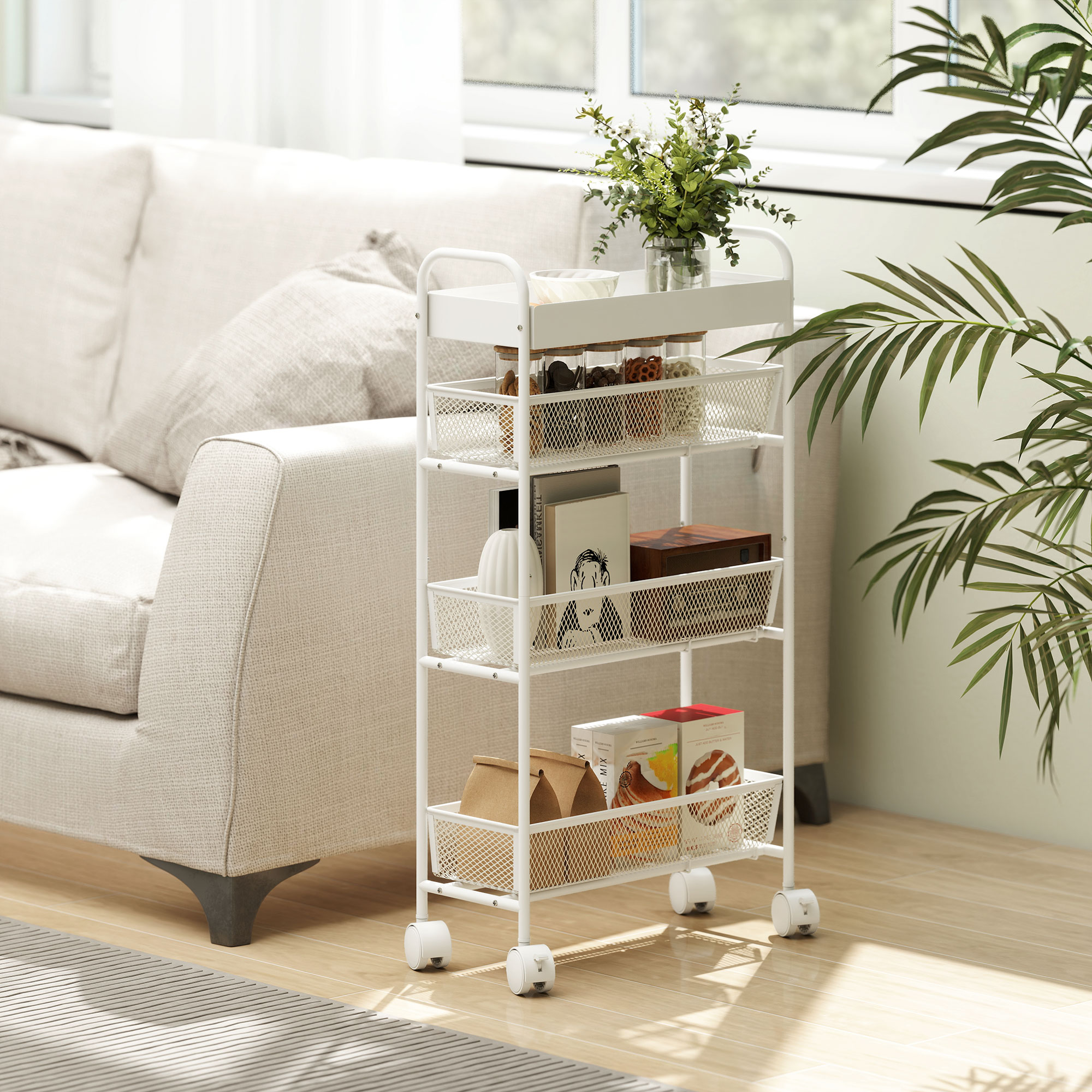 Carrello Cucina HOMCOM A 3 Livelli Con 3 Cestini E 4 Ganci – Bianco, Ruote Con Freno, 12 Scomparti Superiori