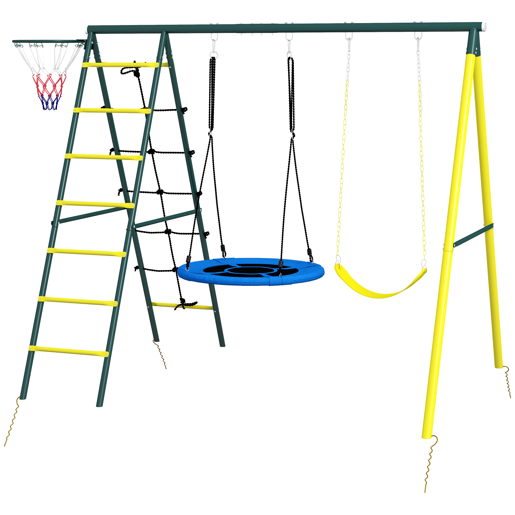 Outsunny Balançoire enfant 4 en 1 avec balançoire-nid et individuelle filet d'escalade panier de basket échelle jaune