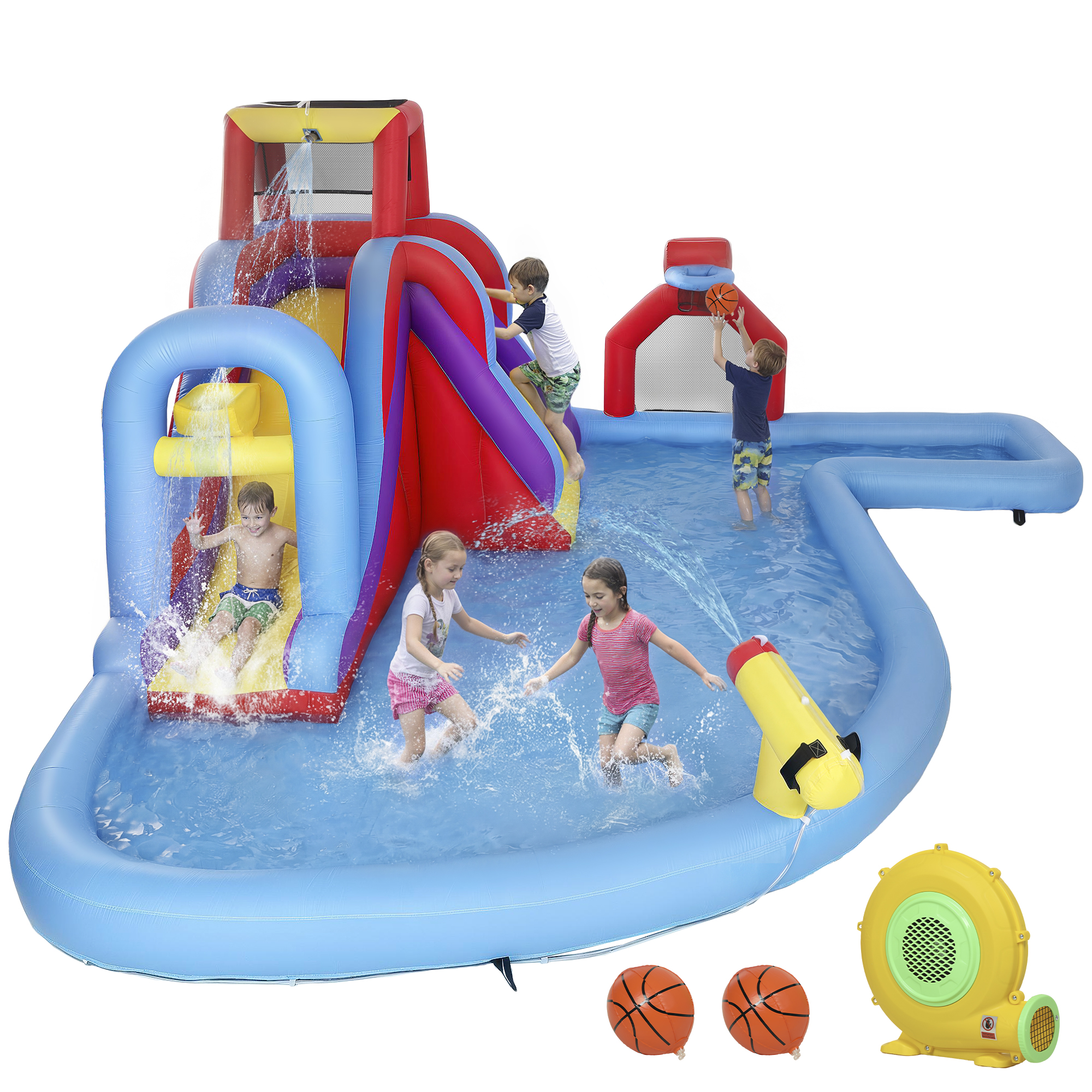 AIYAPLAY Château Gonflable Aquatique avec Souffleur 550W Toboggan Mur d'Escalade Piscine Panier de Basket But de Football