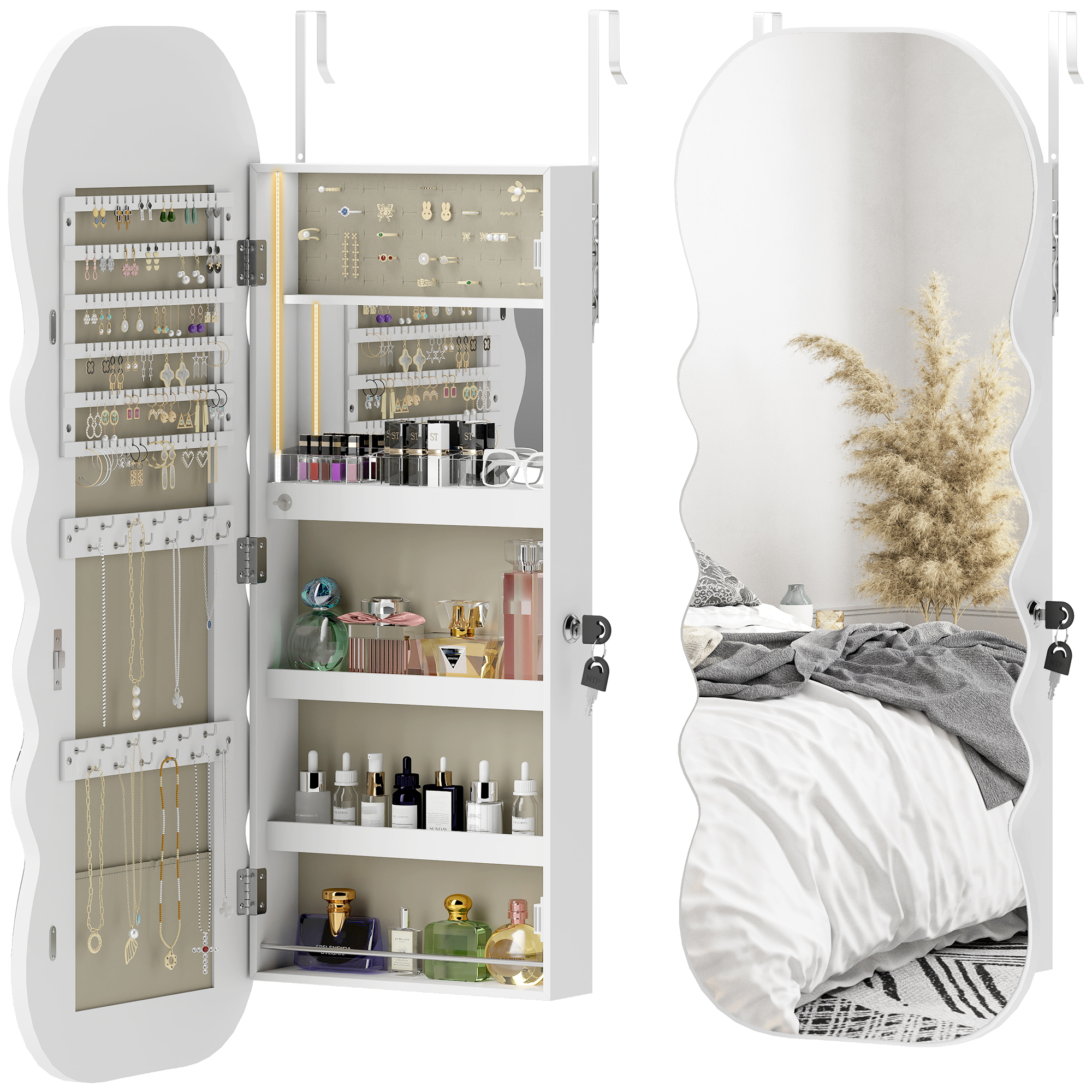 HOMCOM Miroir-coffre à bijoux avec lumière LED monté au mur ou sur la porte avec serrure miroir en pied blanc