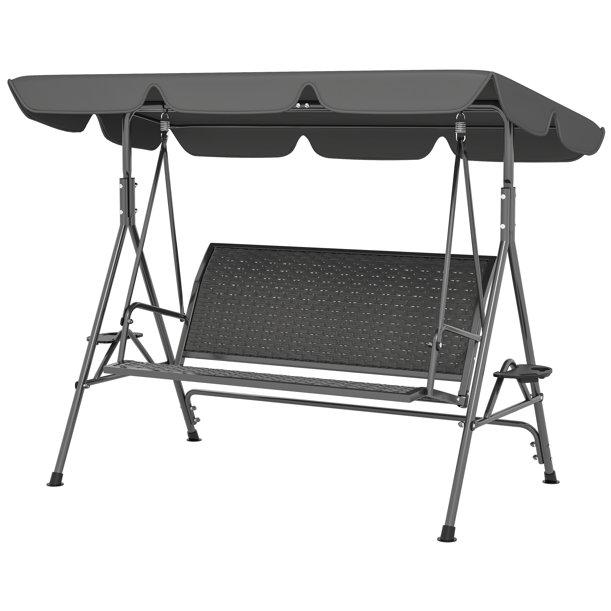 Outsunny Balancelle de jardin 3 places en rattan PE et acier avec toit et porte-gobelets, 204x112x150 cm, Gris