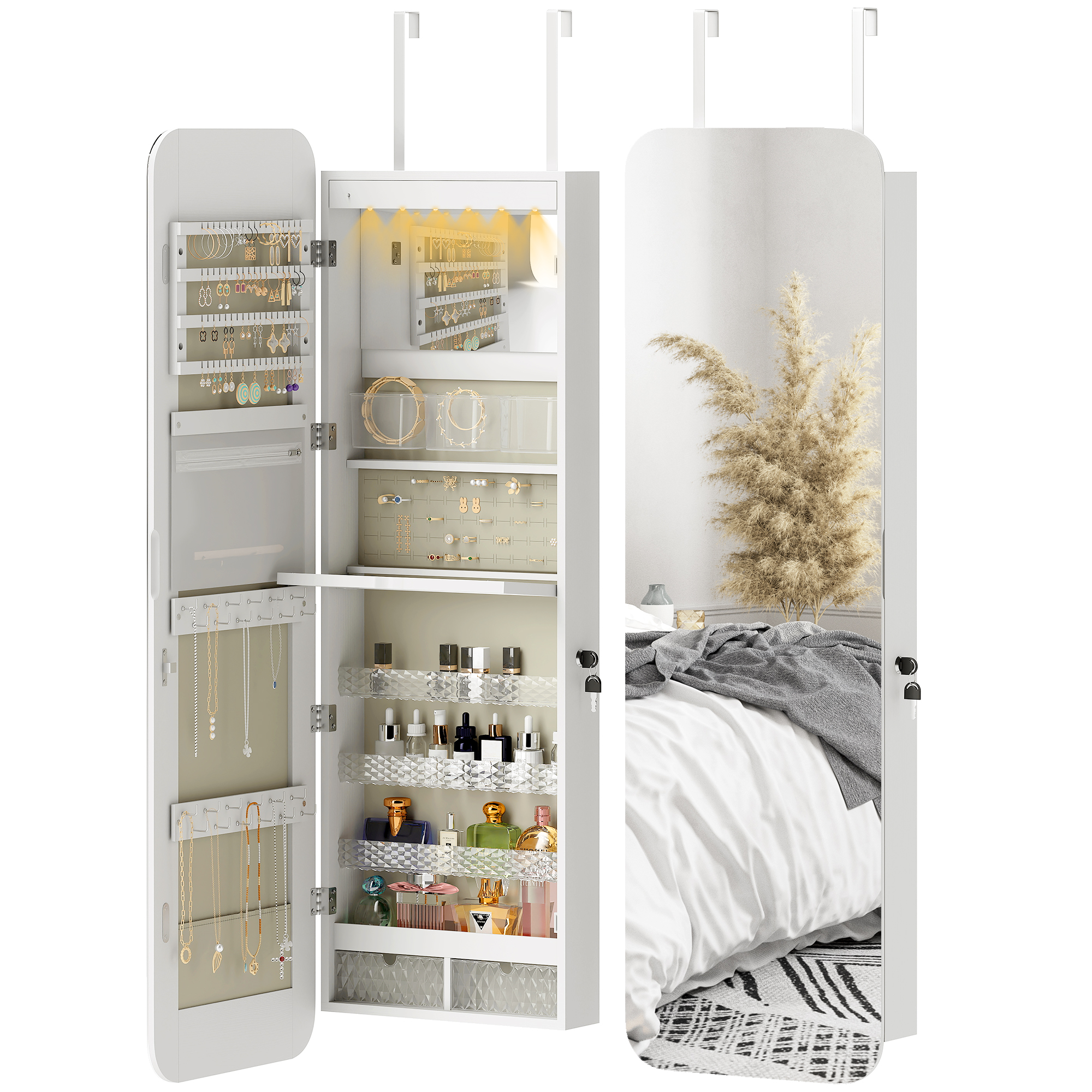 HOMCOM Miroir-joaillier avec lumière LED monté au mur ou sur la porte avec serrure Miroir plein pied 2 tiroirs Blanc