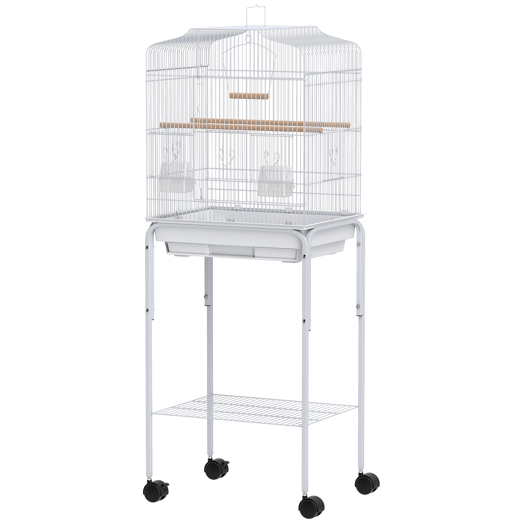 Comparer les prix de PawHut Cage pour oiseaux avec roulettes étagère portes 2 mangeoires 2 perchoirs balançoire bac amovible 46,5x36x124 cm Blanc
