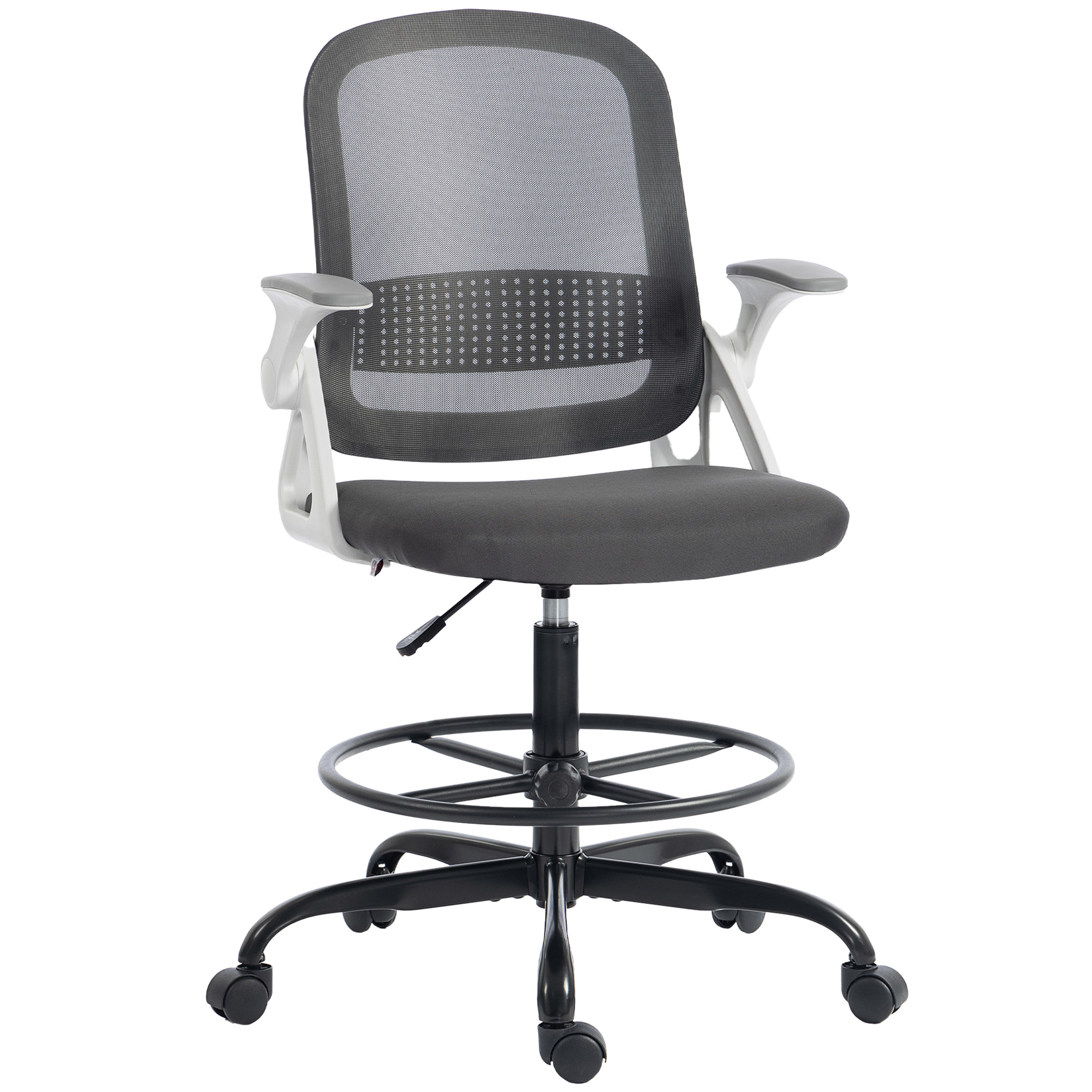 HOMCOM Mesh-Schreibtischstuhl, Zeichenstuhl mit klappbaren Armlehnen, höhenverstellbar, Lendenstütze, Fußstütze, Rollen für Büro, Studio, Grau Aosom