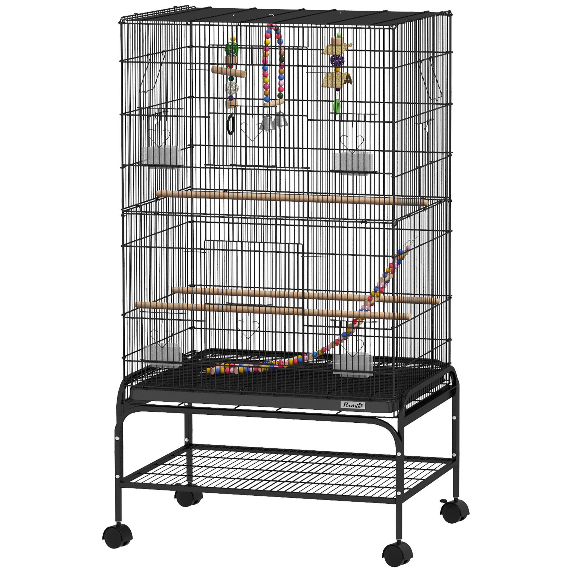 Comparer les prix de PawHut Cage pour Oiseaux avec Aire de Jeu, Roues, Plateau Amovible et Étagère, 64x45x110 cm, Noir