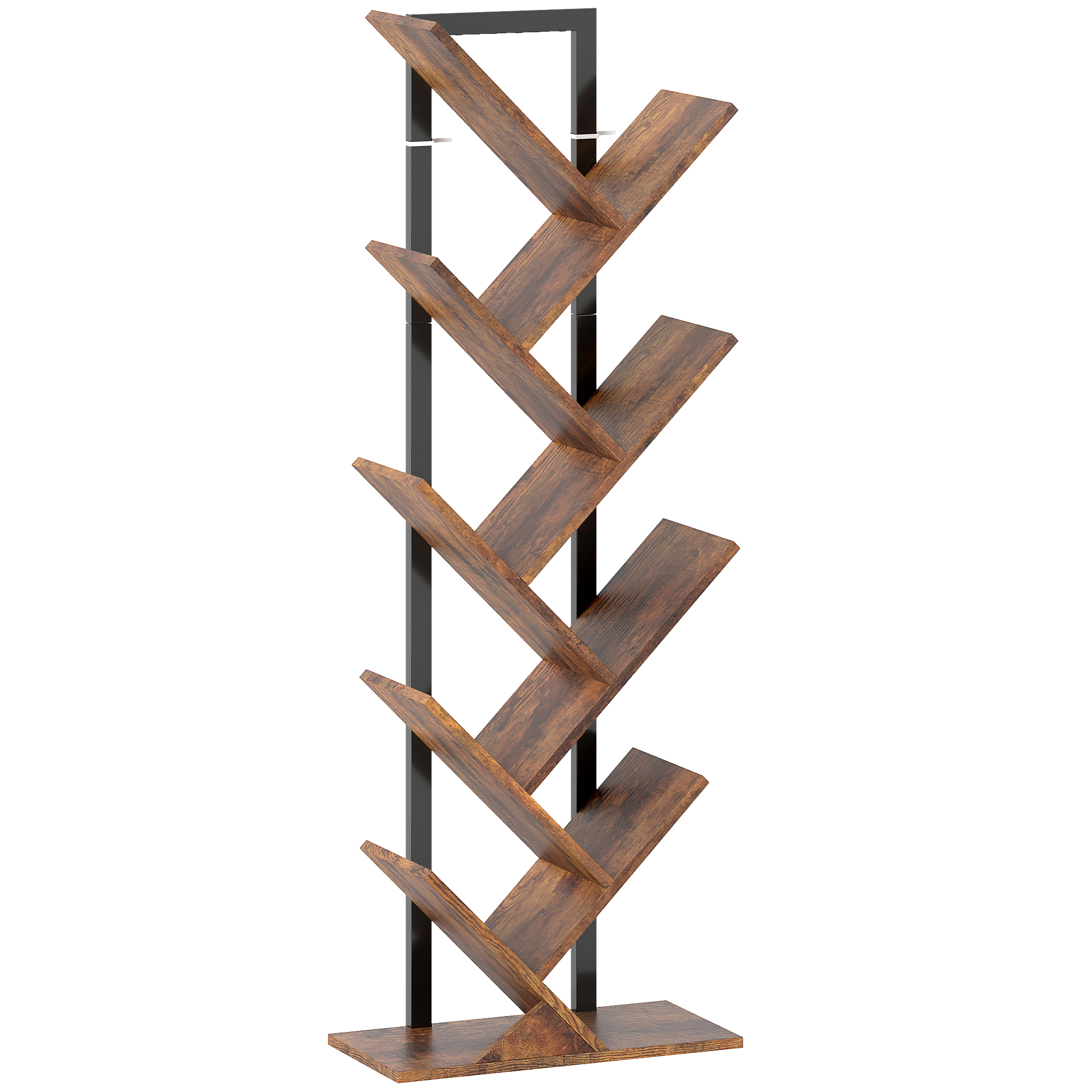 HOMCOM 9-stufiges Baumregal, Industrielles Aufbewahrungsmöbel mit Stahlrahmen, für Bücher, CDs, DVDs, Alben im Wohnzimmer, Schlafzimmer, Büro, 50 x 24 x 136 cm, Rustikales Braun Aosom