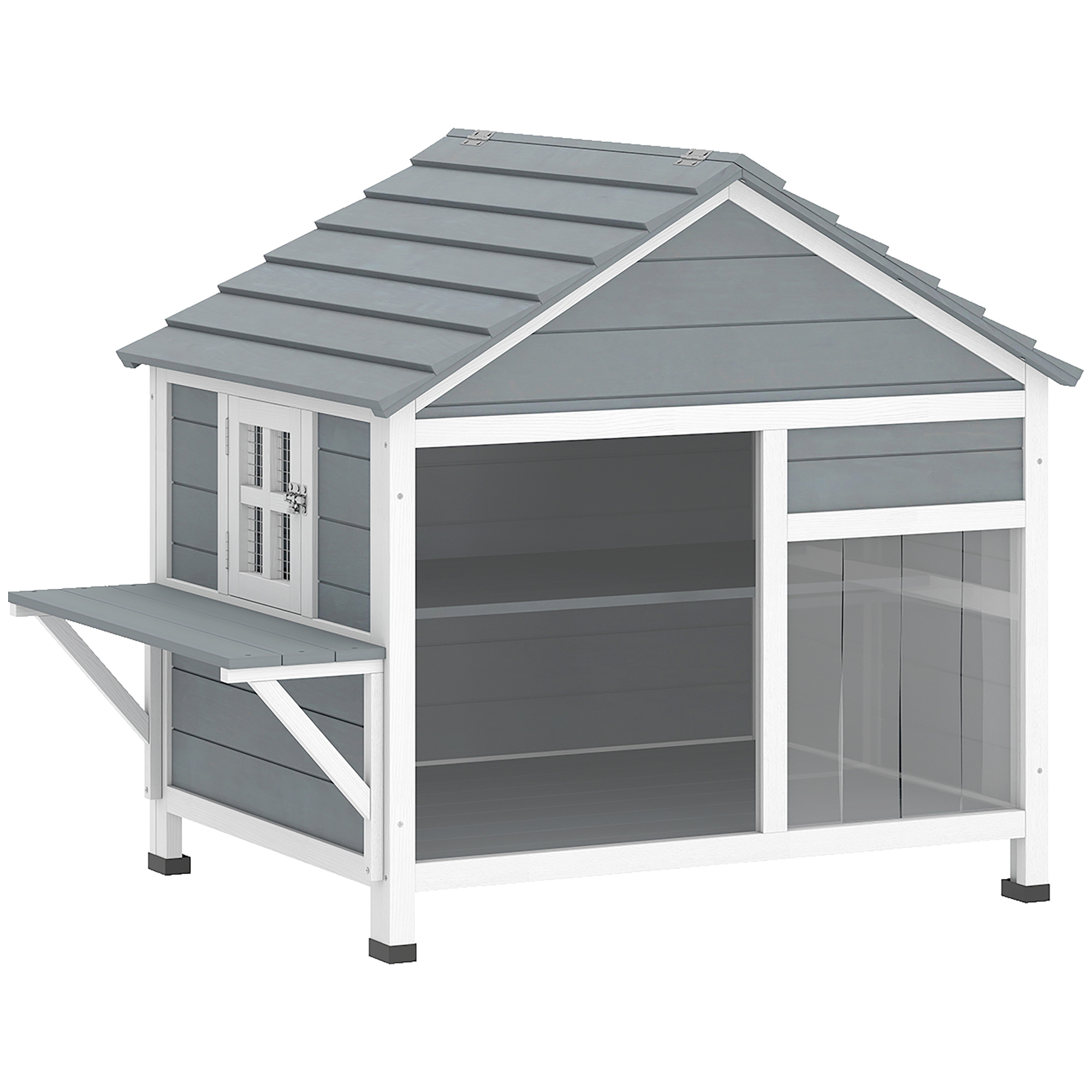 PawHut Wetterfestes Katzenhaus aus Holz mit aufklappbarem Dach - Außennische mit Fenster, Lamellentür und Plattform - Große zweistöckige Katzenvilla, 101x72,5x81 cm, Grau Aosom