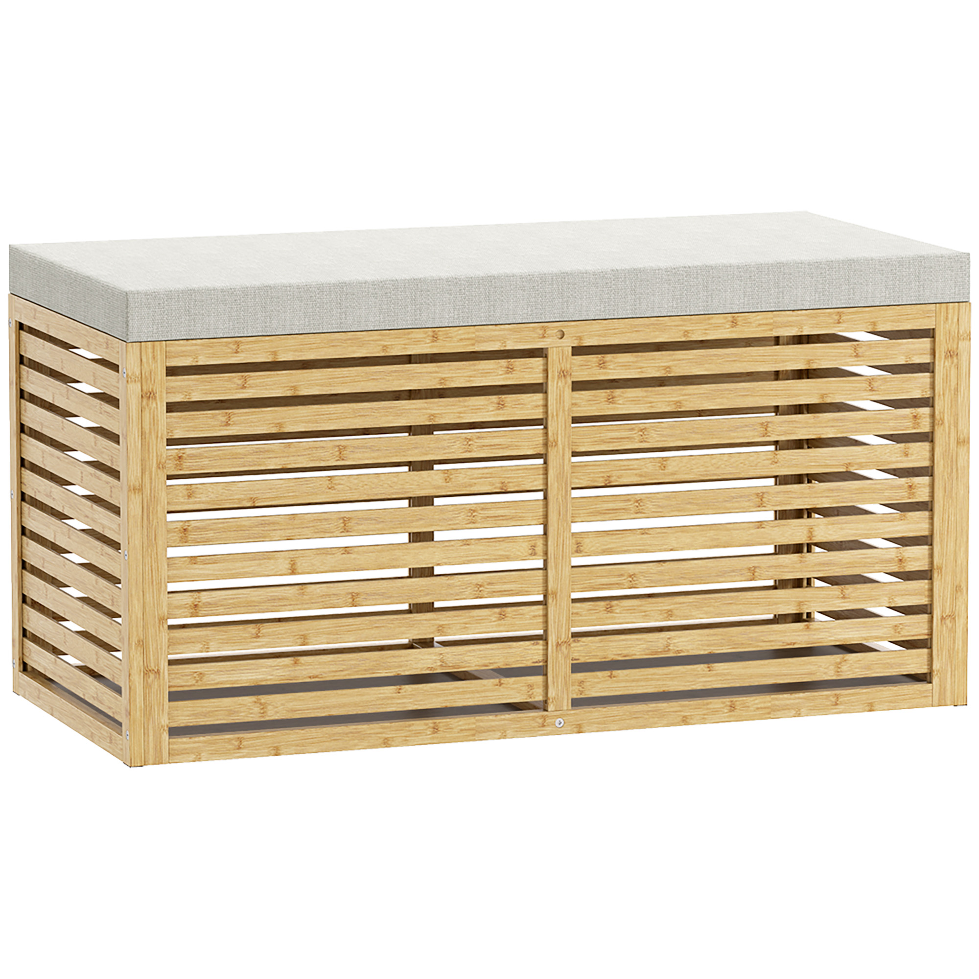 HOMCOM Aufbewahrungsbank, gepolsterte Truhenbank mit Leinenoptik-Stoff, Deckel und Bambusgestell, für Schlafzimmer, Flur, Wohnzimmer, 90 x 42 x 43 cm, grau und natur Aosom