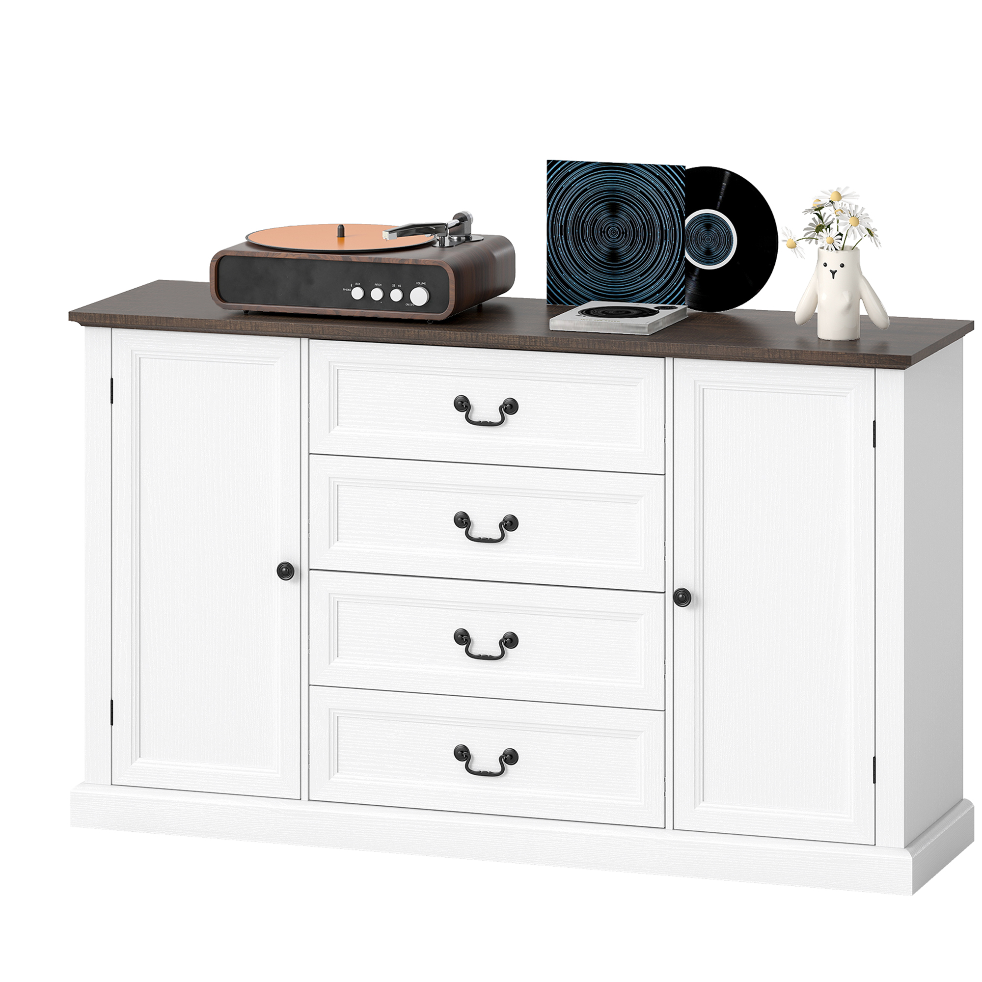 HOMCOM Buffet de Cuisine Style Vintage avec 4 Tiroirs et 2 Placards avec Étagères Réglables, 147x40x87, Bois Blanc