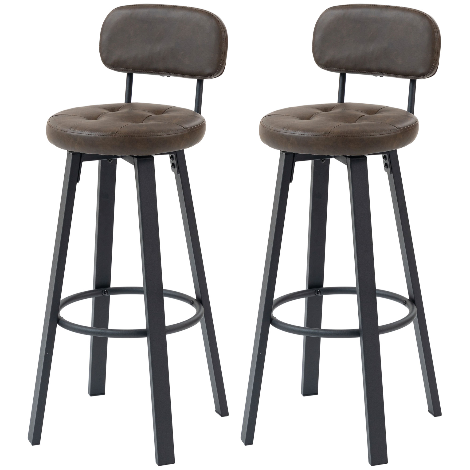 HOMCOM Lot de 2 Tabourets Hauts de Cuisine Pivotants Revêtus en PU avec Dossier Structure Métallique Repose-pieds Marron foncé
