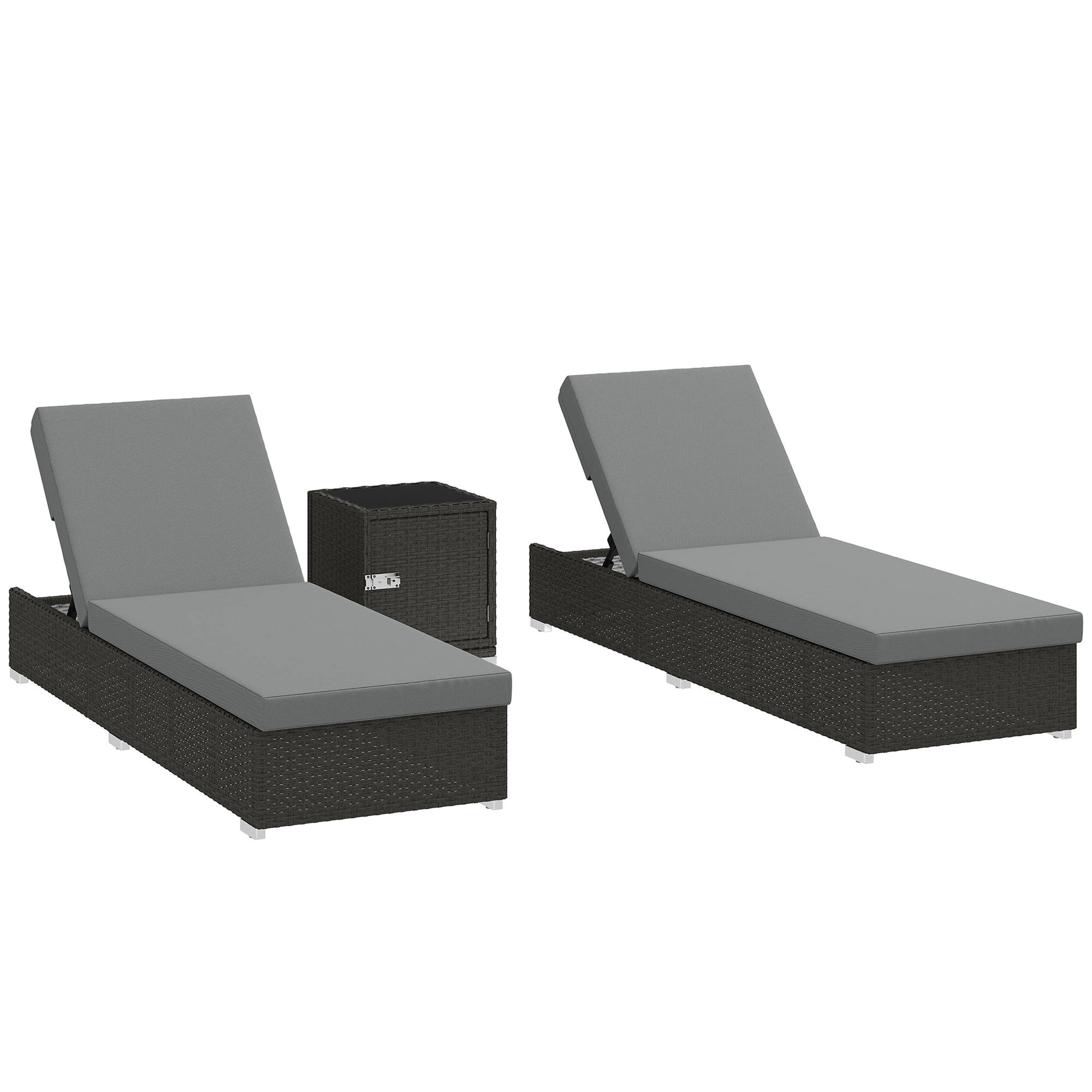 Outsunny 2er-Set Sonnenliegen aus Rattan mit Beistelltisch aus Sicherheitsglas, Gartenliege mit 6-stufig verstellbarer Rückenlehne, Kissen, für Strand Pool Terrasse, Dunkelgrau Aosom