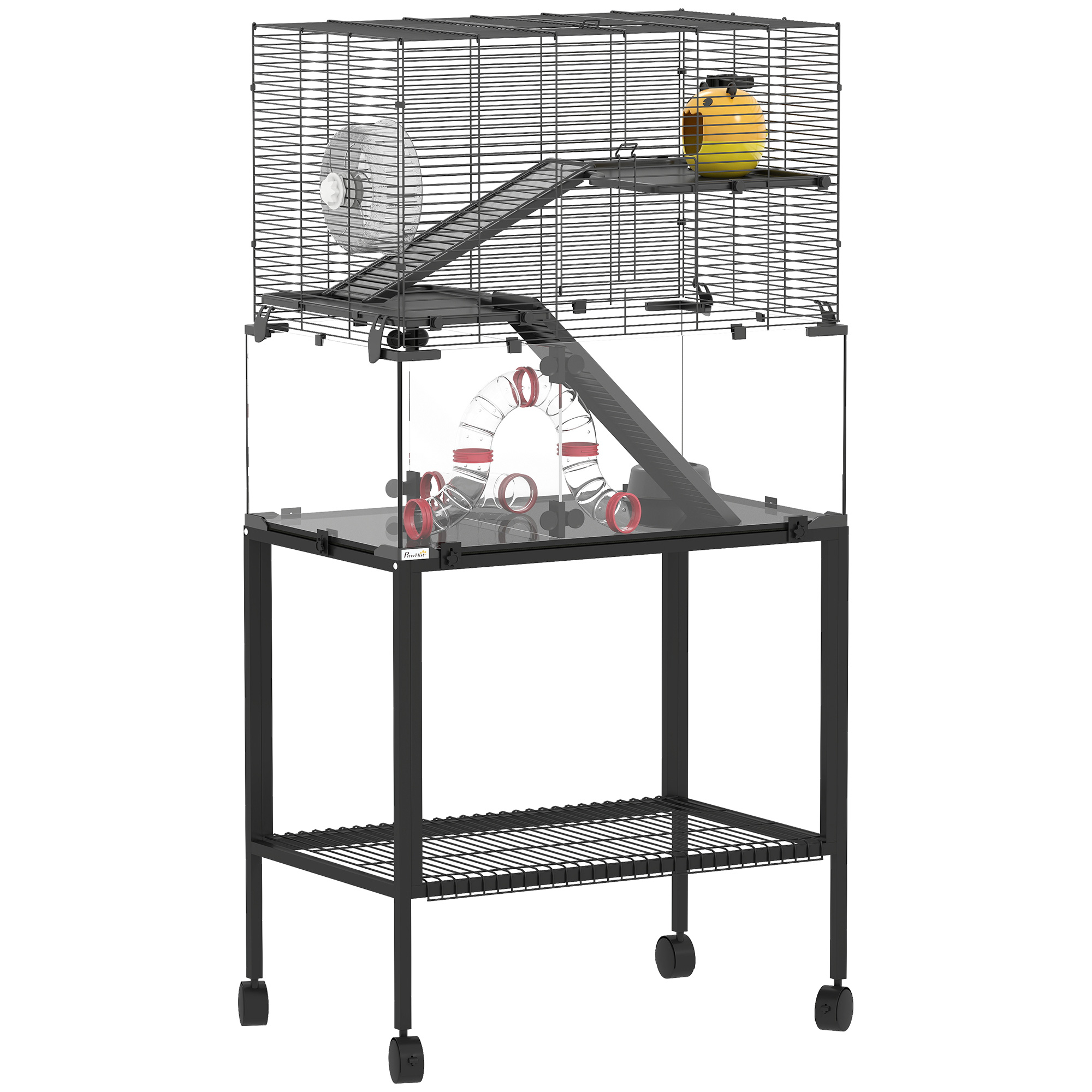 Meilleurs prix pour PawHut Cage pour hamster, enclos pour petits animaux à 3 niveaux, roue, hutte, plateformes, rampes, gamelle, bouteille d'eau, accessoires, acier, plastique, Noir