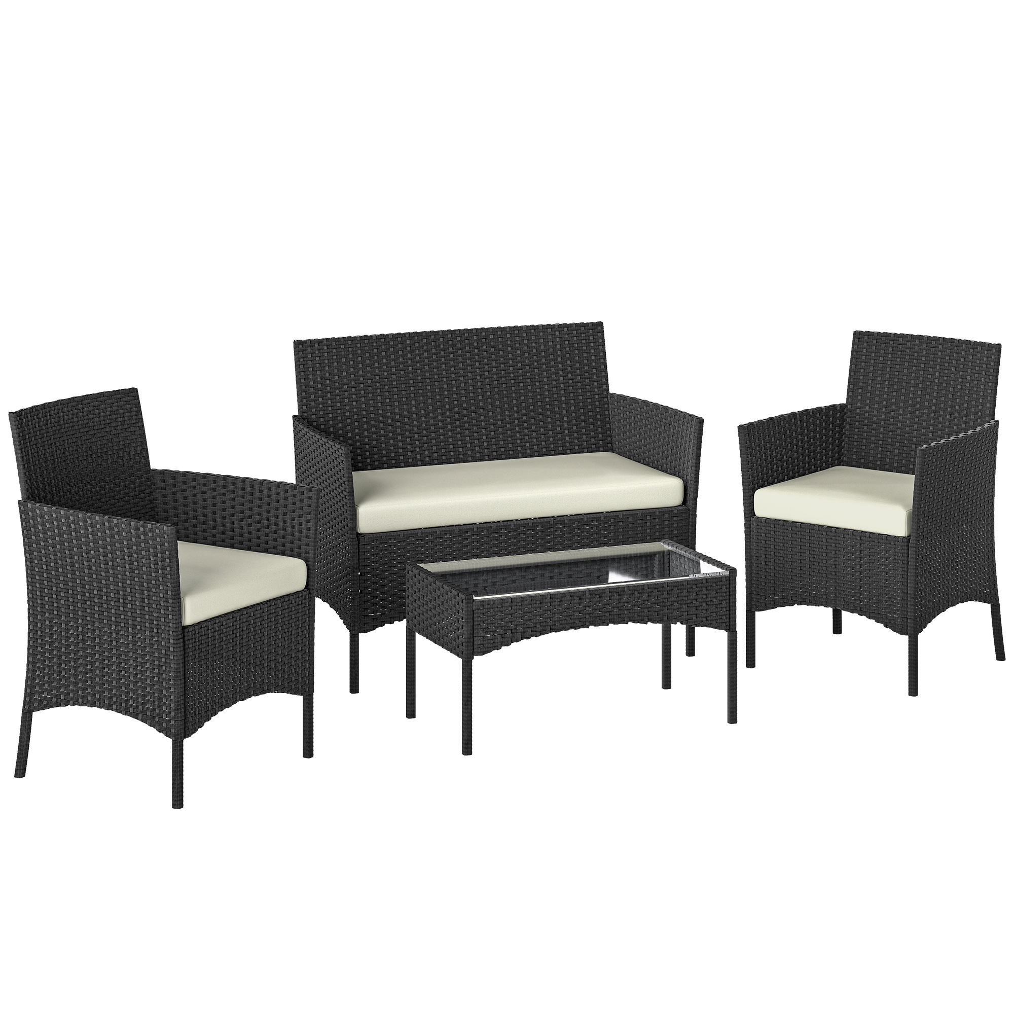 Outsunny Garten-Set aus Polyrattan mit Kissen – Wetterfestes Terrassenmöbel mit 2 Sesseln, 2‑Sitzer-Sofa und Glastisch, Schwarz/Creme Aosom