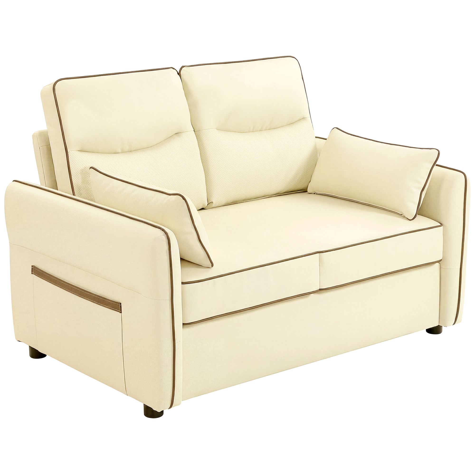 Canapé 2 places en similicuir avec rembourrage épais, poche latérale et 2 coussins, Beige