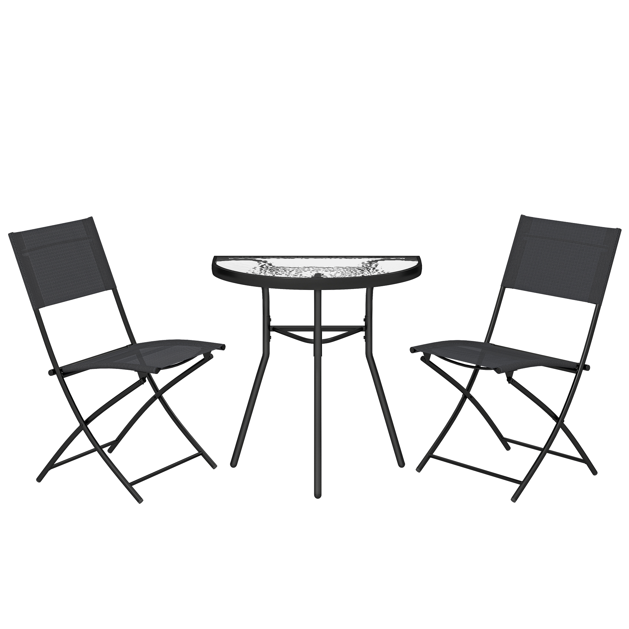 Outsunny Conjunto Bistró de Exterior, Mobiliario de Patio 3 Piezas con Sillas Plegables, Mesa de Vidrio Semicircular, Negro
