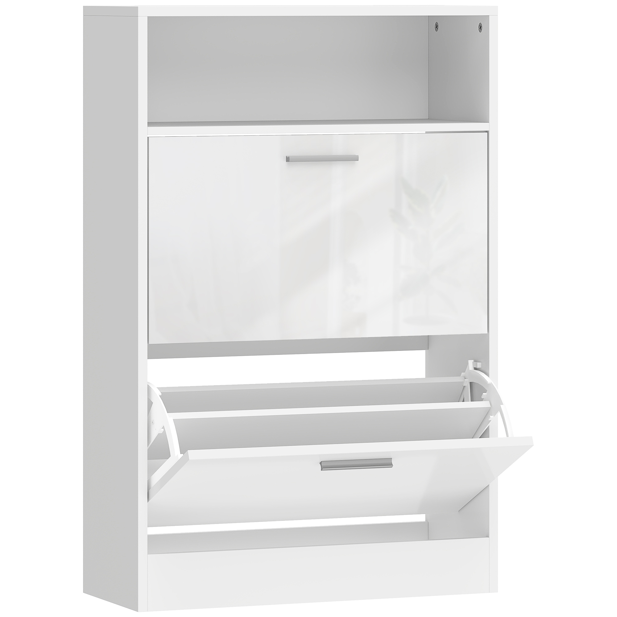 HOMCOM Schuhschrank für 8 Paar, schmaler Schuhschrank 2 Klapptüren Hochglanz, verstellbare Ablagen und offenes Fach, für Flur und Eingangsbereich, 59 x 24 x 90 cm, weiß Aosom